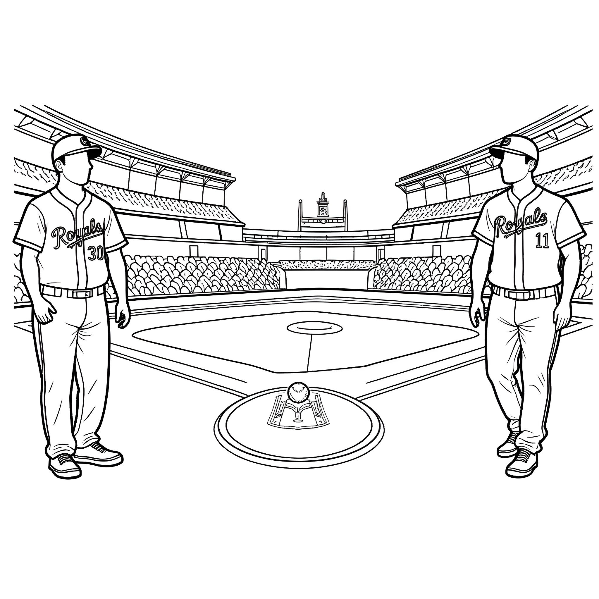 Kansas City Royals players in baseball stadium Coloring Page (free black-and-white line drawing printable PDF for all, from beginners to advanced learners, including children, teens, adults, and seniors)
