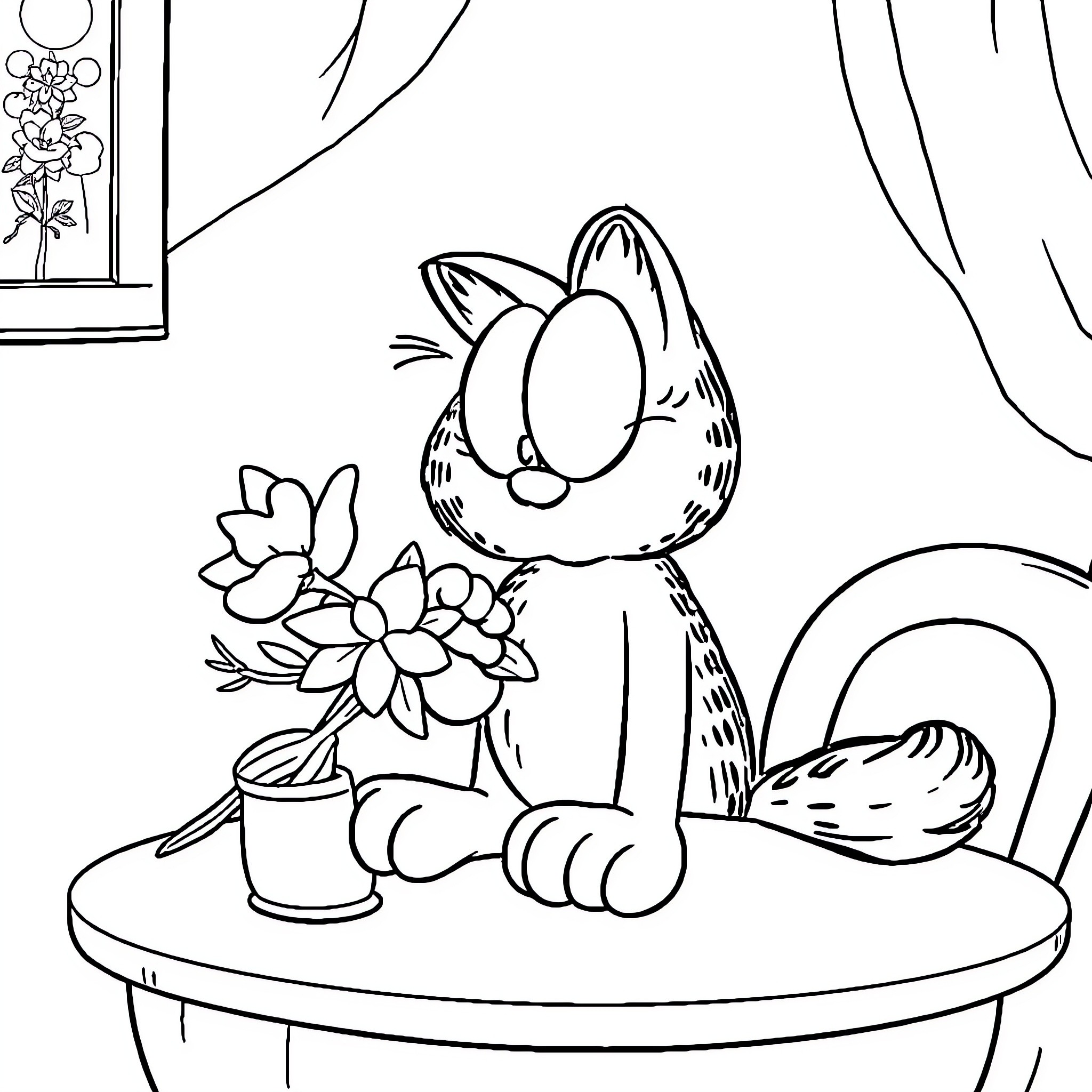 Garfield admiring flowers on a table Coloring Page (free black-and-white line drawing printable PDF for all, from beginners to advanced learners, including children, teens, adults, and seniors)
