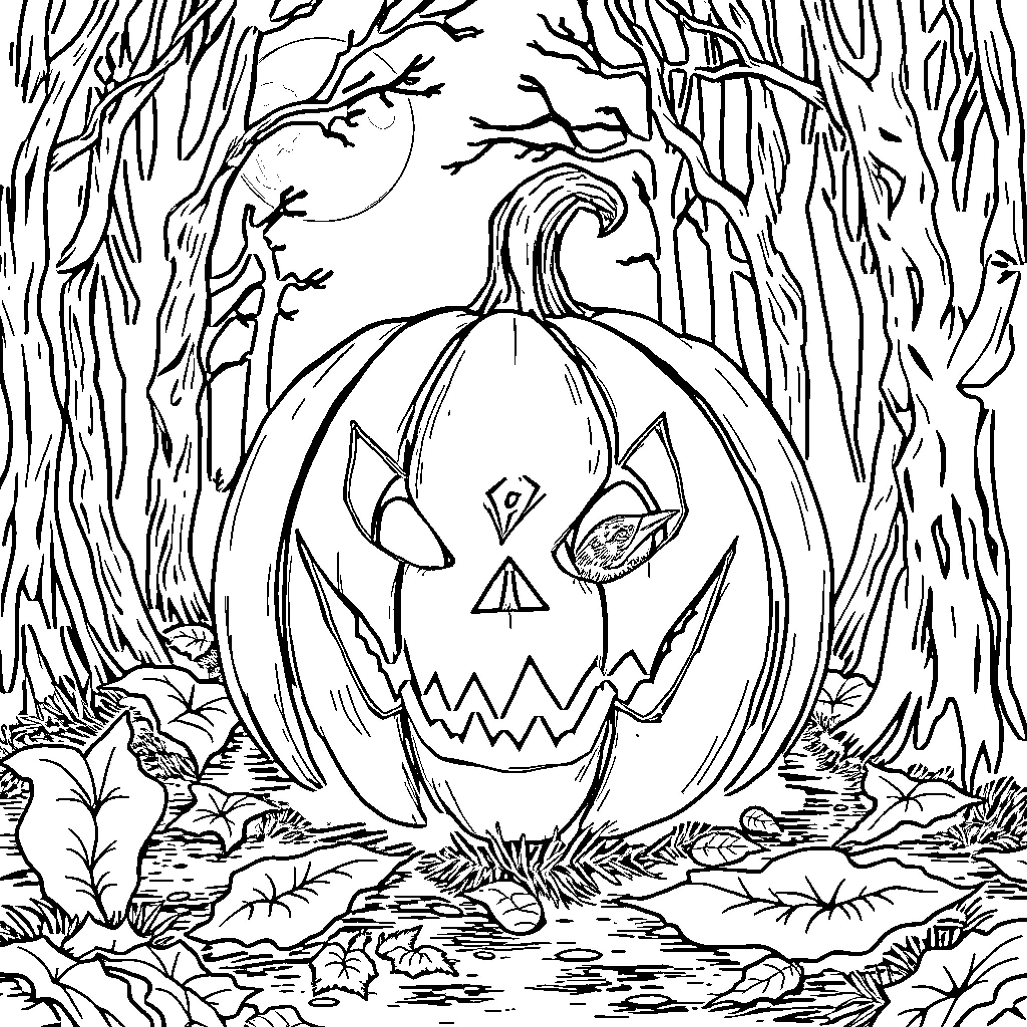 Pumpkin carving in the enchanted forest Coloring Page (free black-and-white line drawing printable PDF for all, from beginners to advanced learners, including children, teens, adults, and seniors)
