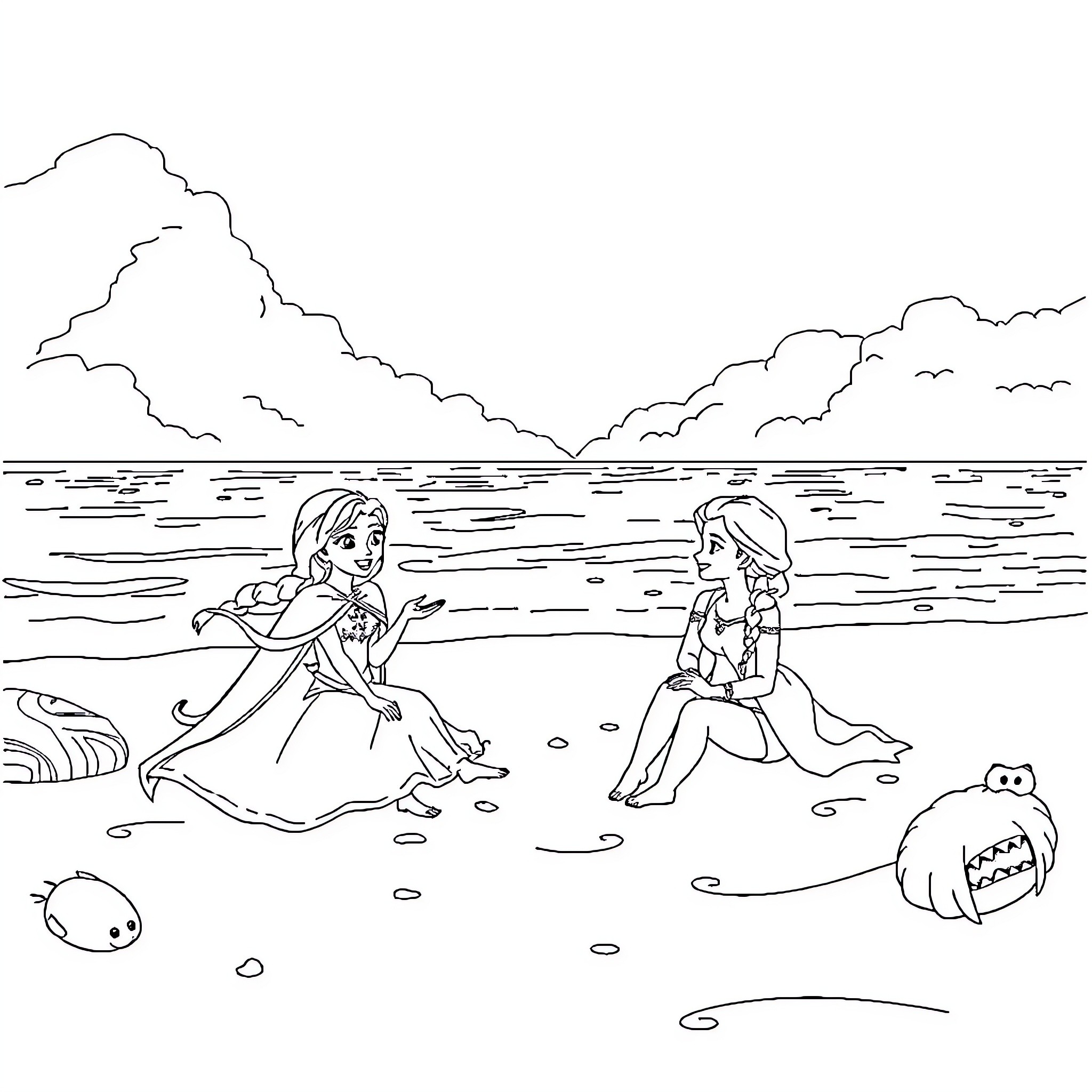 Frozen Characters Relaxing on the Beach Coloring Page (free black-and-white line drawing printable PDF for all, from beginners to advanced learners, including children, teens, adults, and seniors)