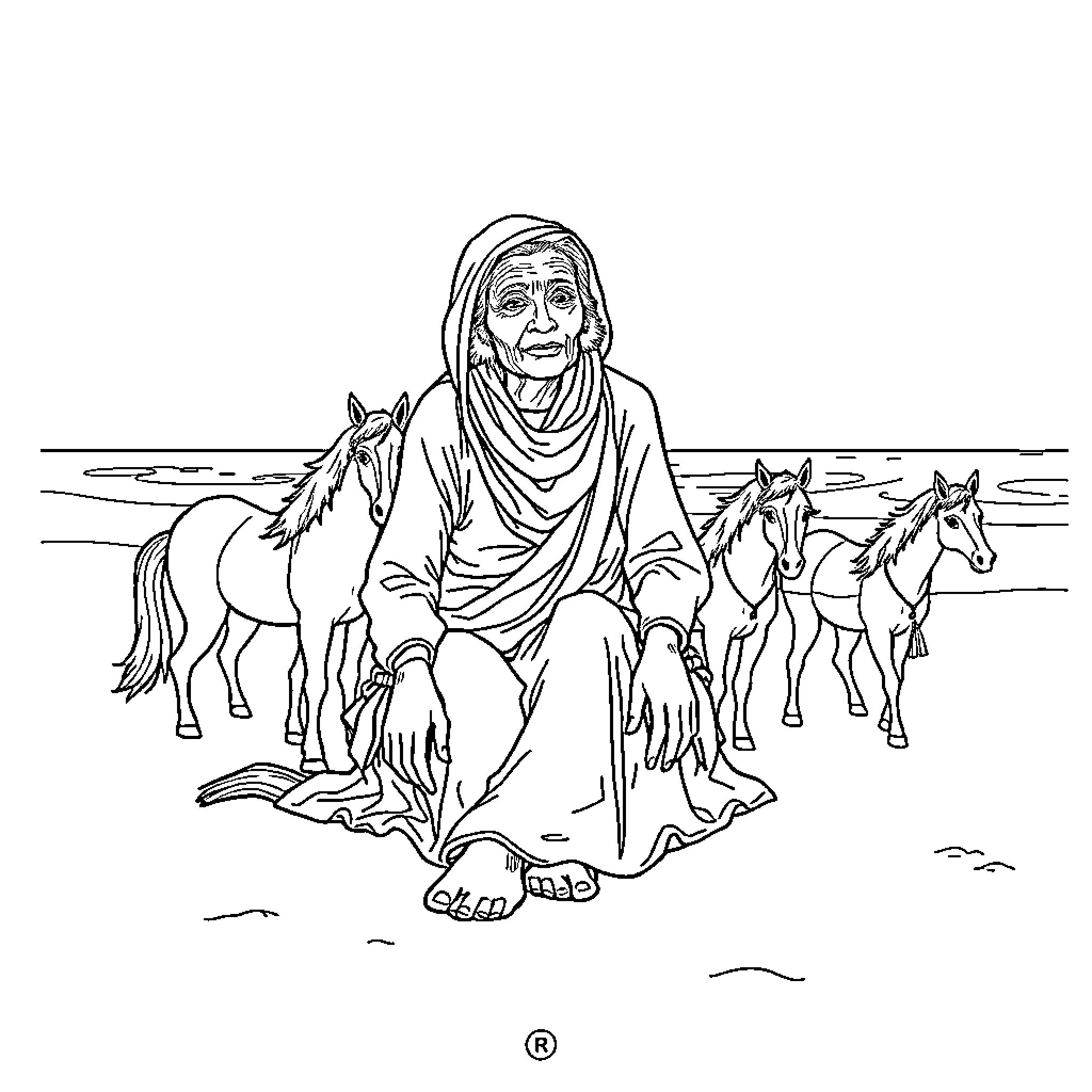 Woman sitting peacefully with horses in the desert Coloring Page (free black-and-white line drawing printable PDF for all, from beginners to advanced learners, including children, teens, adults, and seniors)