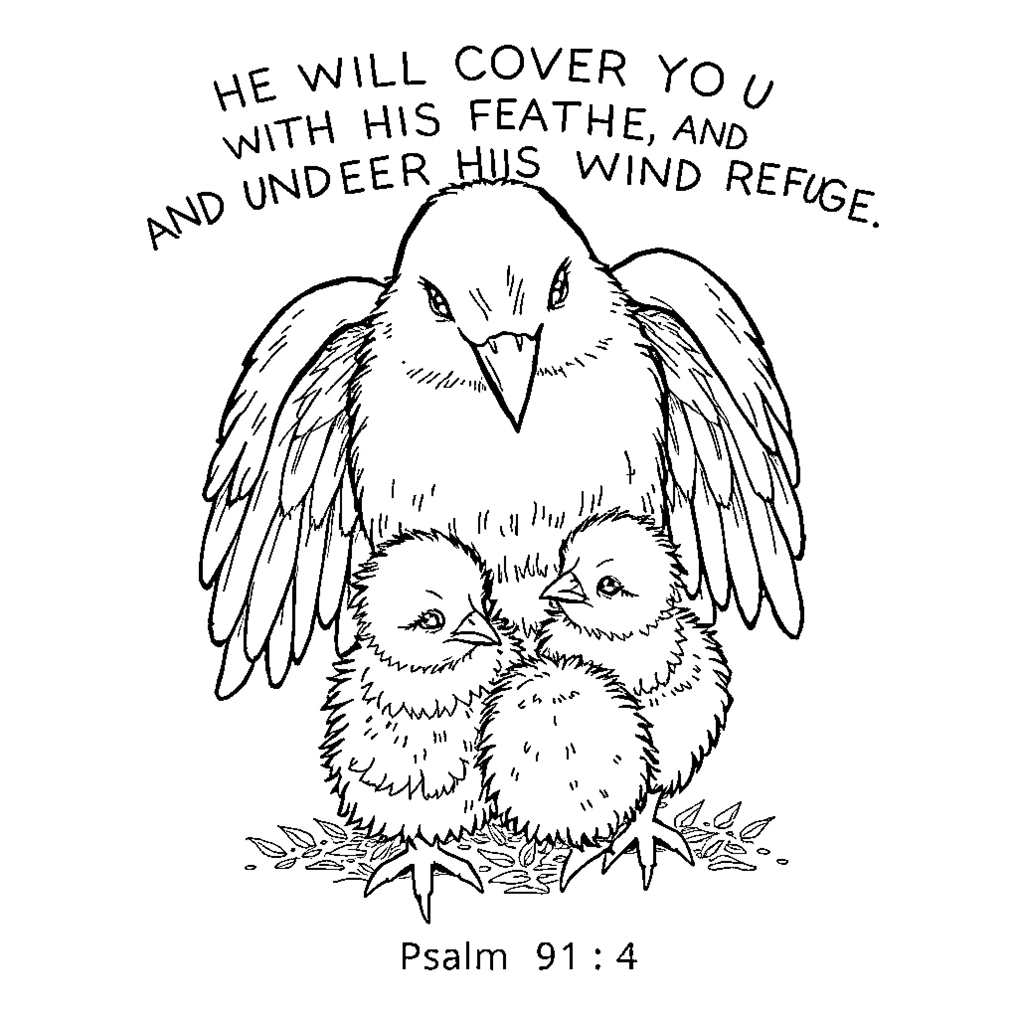 Bird protecting baby under its wing Coloring Page (free black-and-white line drawing printable PDF for all, from beginners to advanced learners, including children, teens, adults, and seniors)