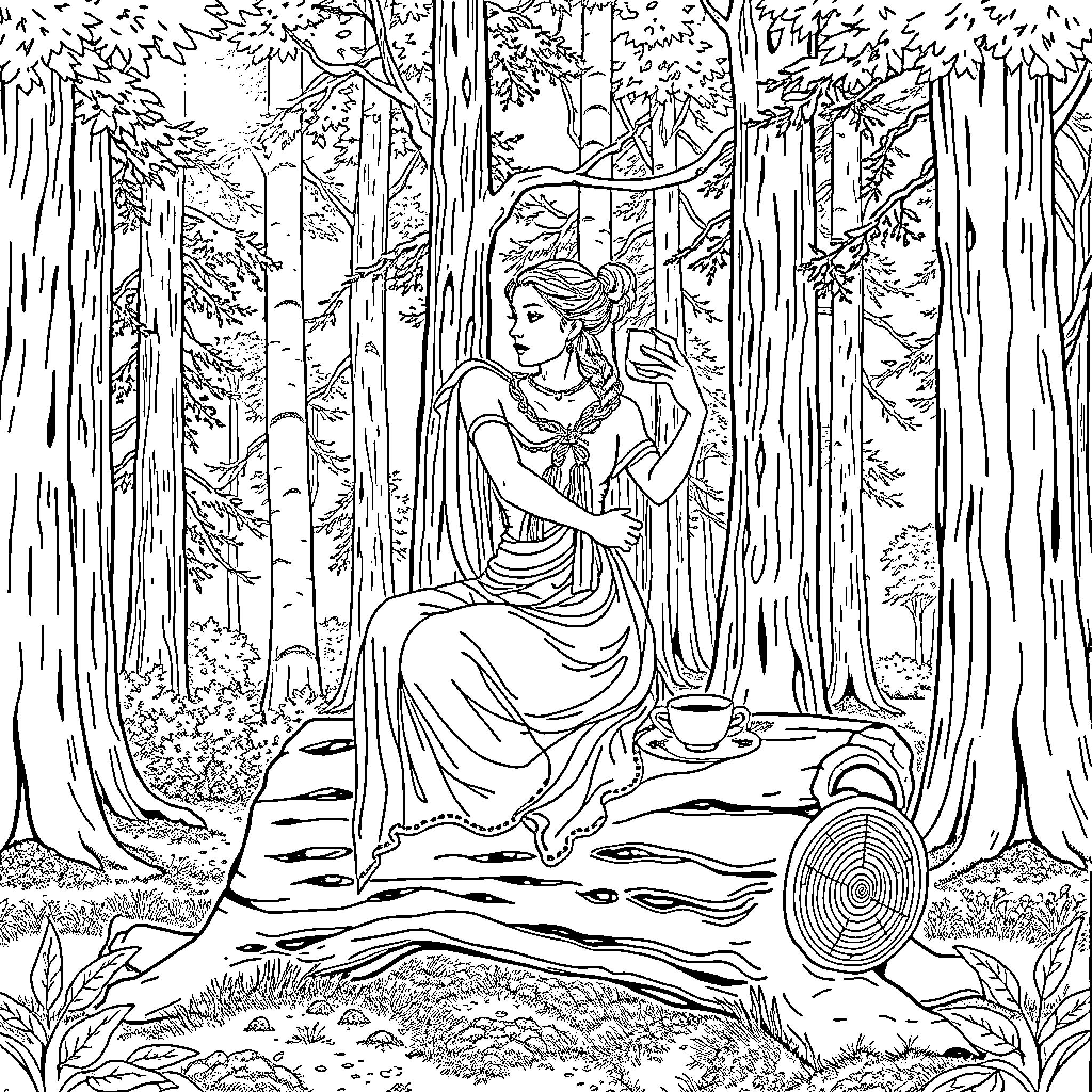 Goddess resting in peaceful forest retreat Coloring Page (free black-and-white line drawing printable PDF for all, from beginners to advanced learners, including children, teens, adults, and seniors)