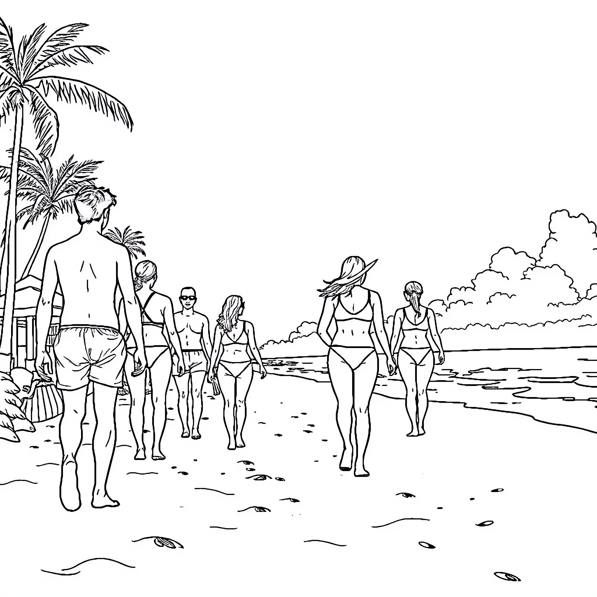 Paw-some Beach Day with Friends Coloring Page (free black-and-white line drawing printable PDF for all, from beginners to advanced learners, including children, teens, adults, and seniors)