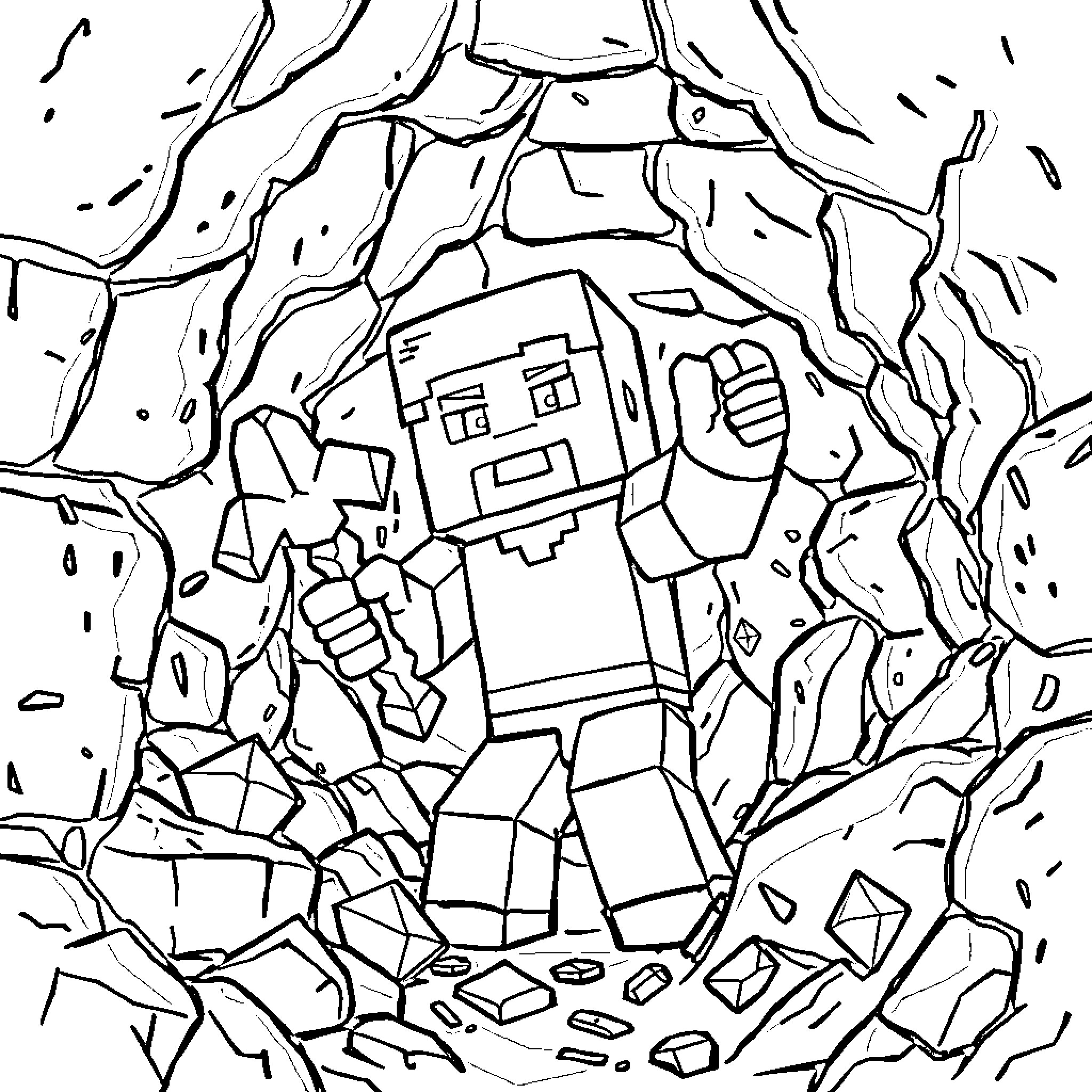 Minecraft Steve exploring a cave with crystals Coloring Page (free black-and-white line drawing printable PDF for all, from beginners to advanced learners, including children, teens, adults, and seniors)