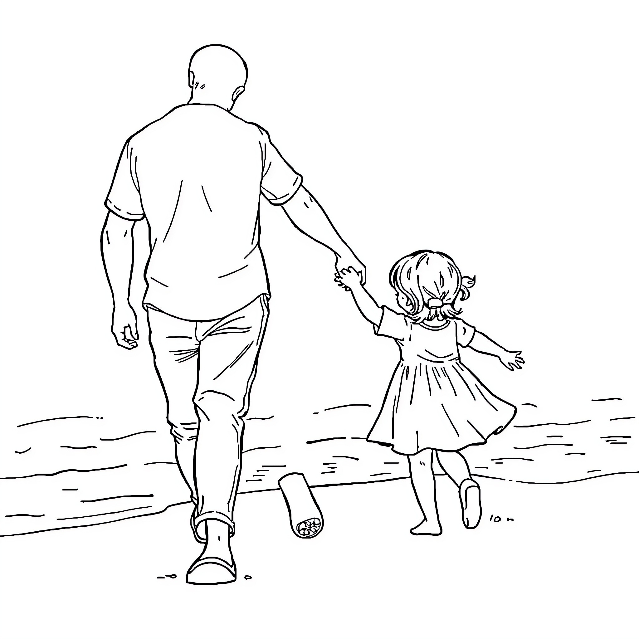 Father walking with daughter in the park Coloring Page (free black-and-white line drawing printable PDF for all, from beginners to advanced learners, including children, teens, adults, and seniors)