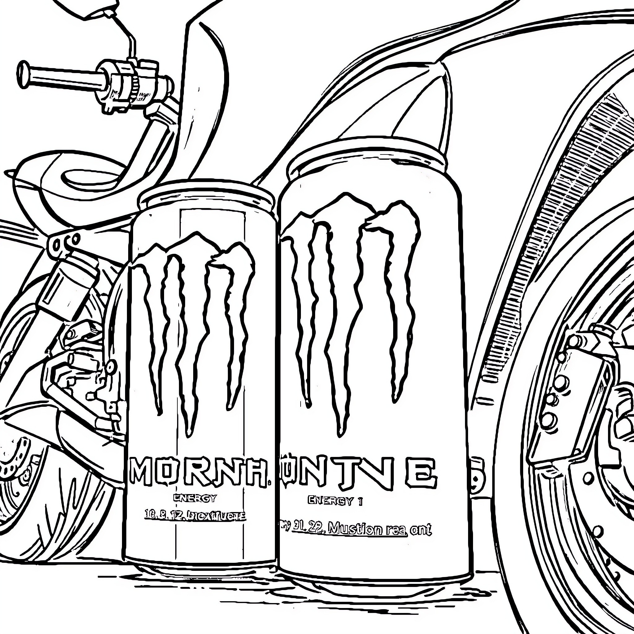 Monster Energy Drinks on Motorcycle Coloring Page (free black-and-white line drawing printable PDF for all, from beginners to advanced learners, including children, teens, adults, and seniors)