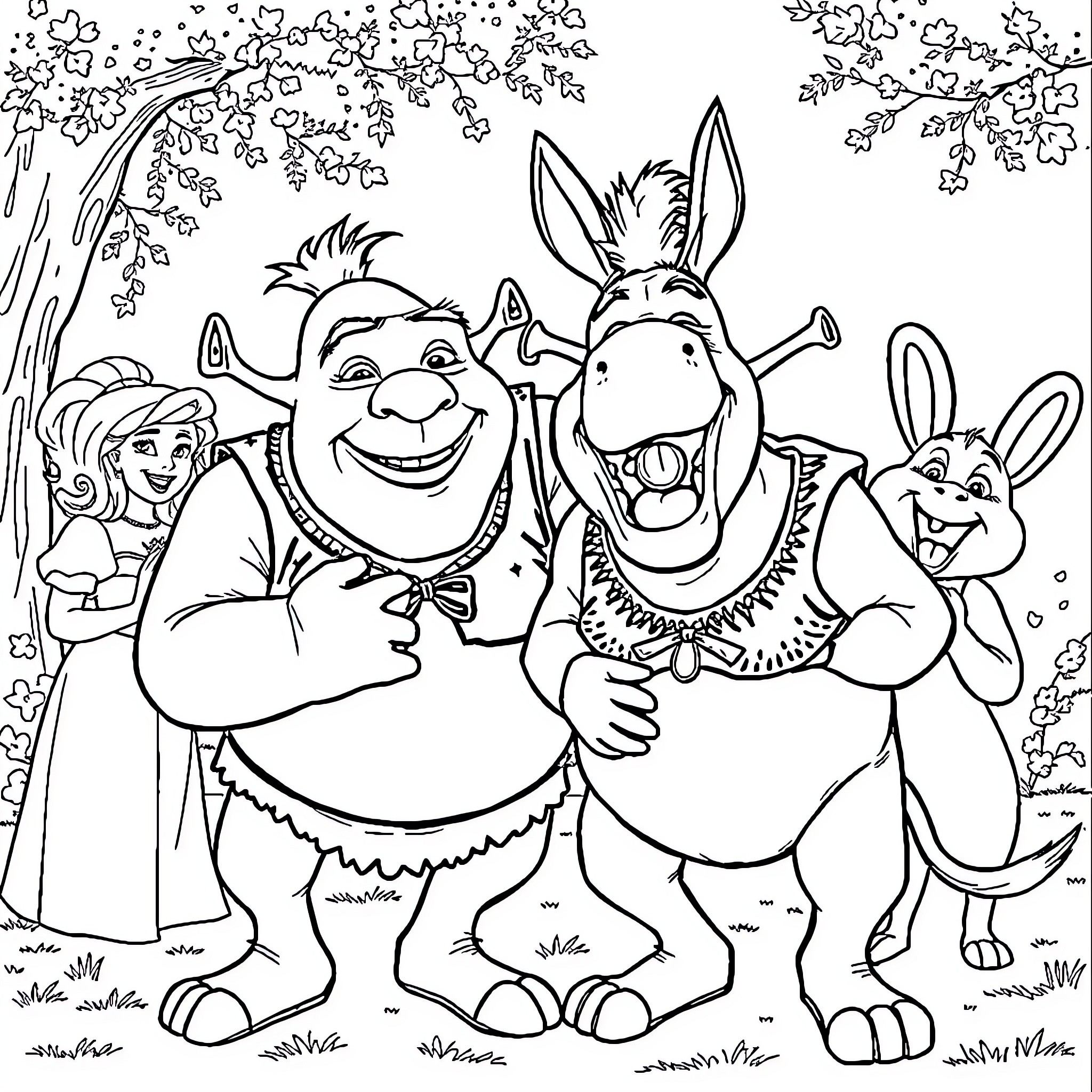 Shrek and Friends' Joyful Celebration in the Forest Coloring Page (free black-and-white line drawing printable PDF for all, from beginners to advanced learners, including children, teens, adults, and seniors)