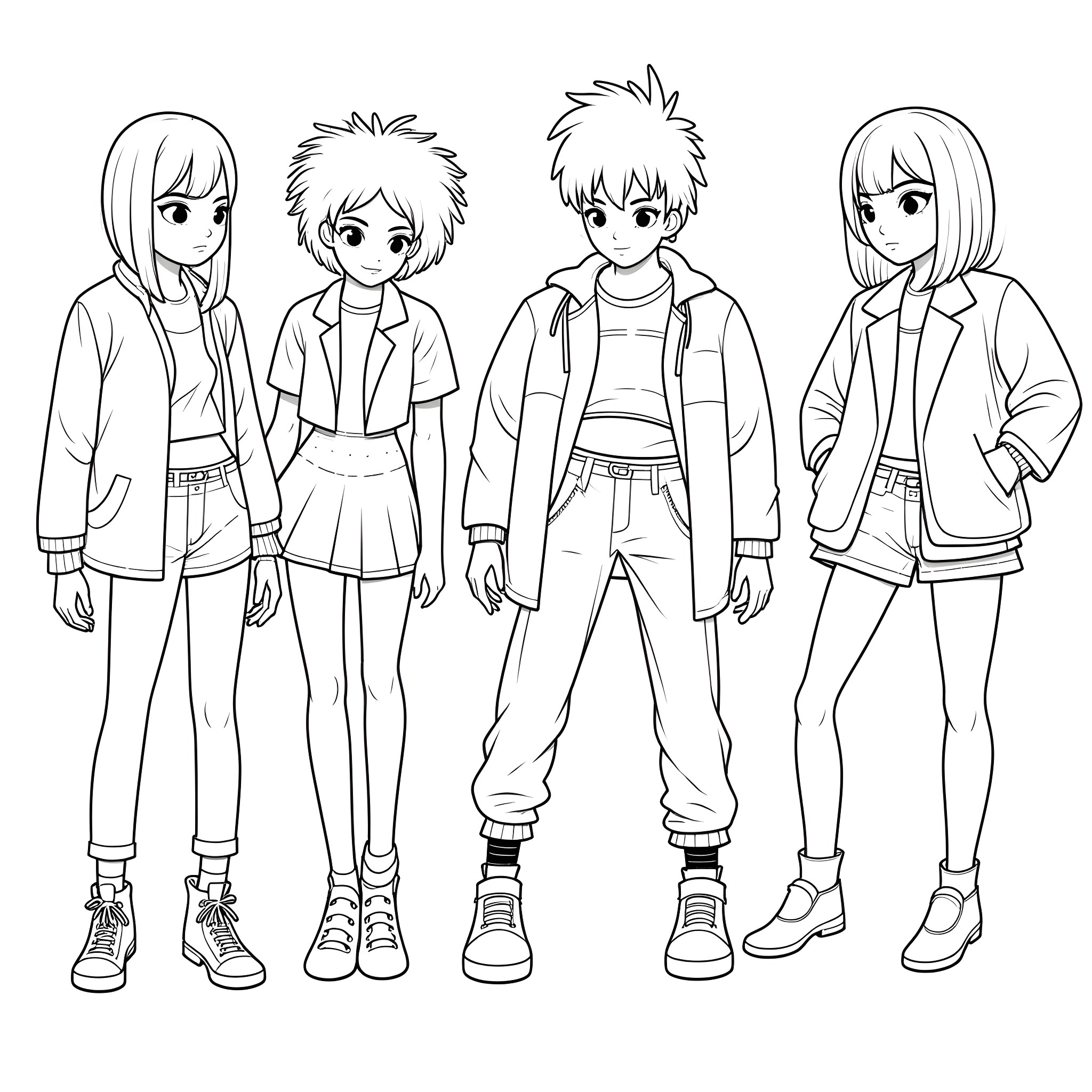 Goth 80s group poses with distinct styles Coloring Page (free black-and-white line drawing printable PDF for all, from beginners to advanced learners, including children, teens, adults, and seniors)