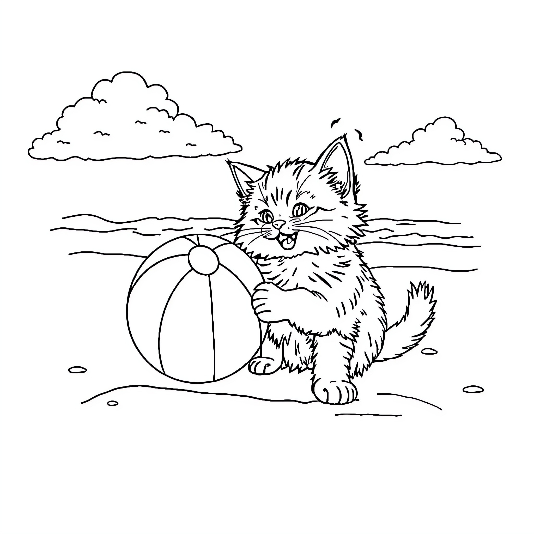 Cat playing on the beach with a ball Coloring Page (free black-and-white line drawing printable PDF for all, from beginners to advanced learners, including children, teens, adults, and seniors)