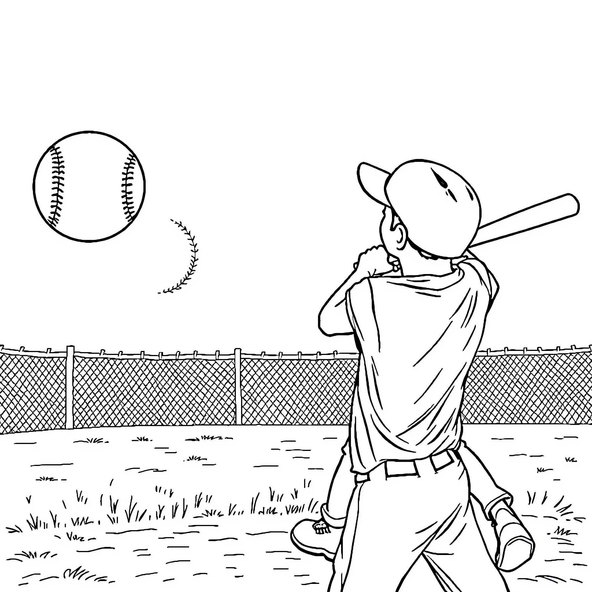 Baseball player hitting ball on field Coloring Page (free black-and-white line drawing printable PDF for all, from beginners to advanced learners, including children, teens, adults, and seniors)