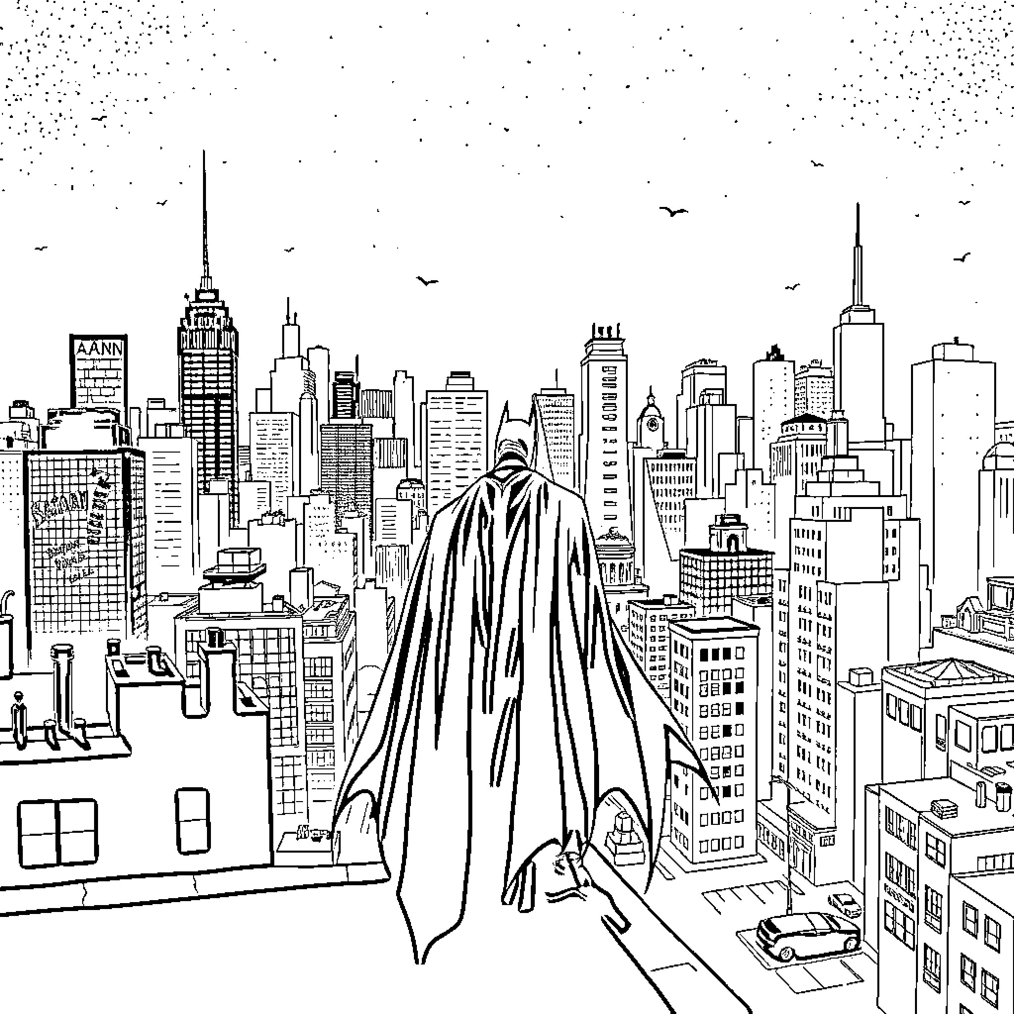 Batman surveying the Gotham City skyline Coloring Page (free black-and-white line drawing printable PDF for all, from beginners to advanced learners, including children, teens, adults, and seniors)