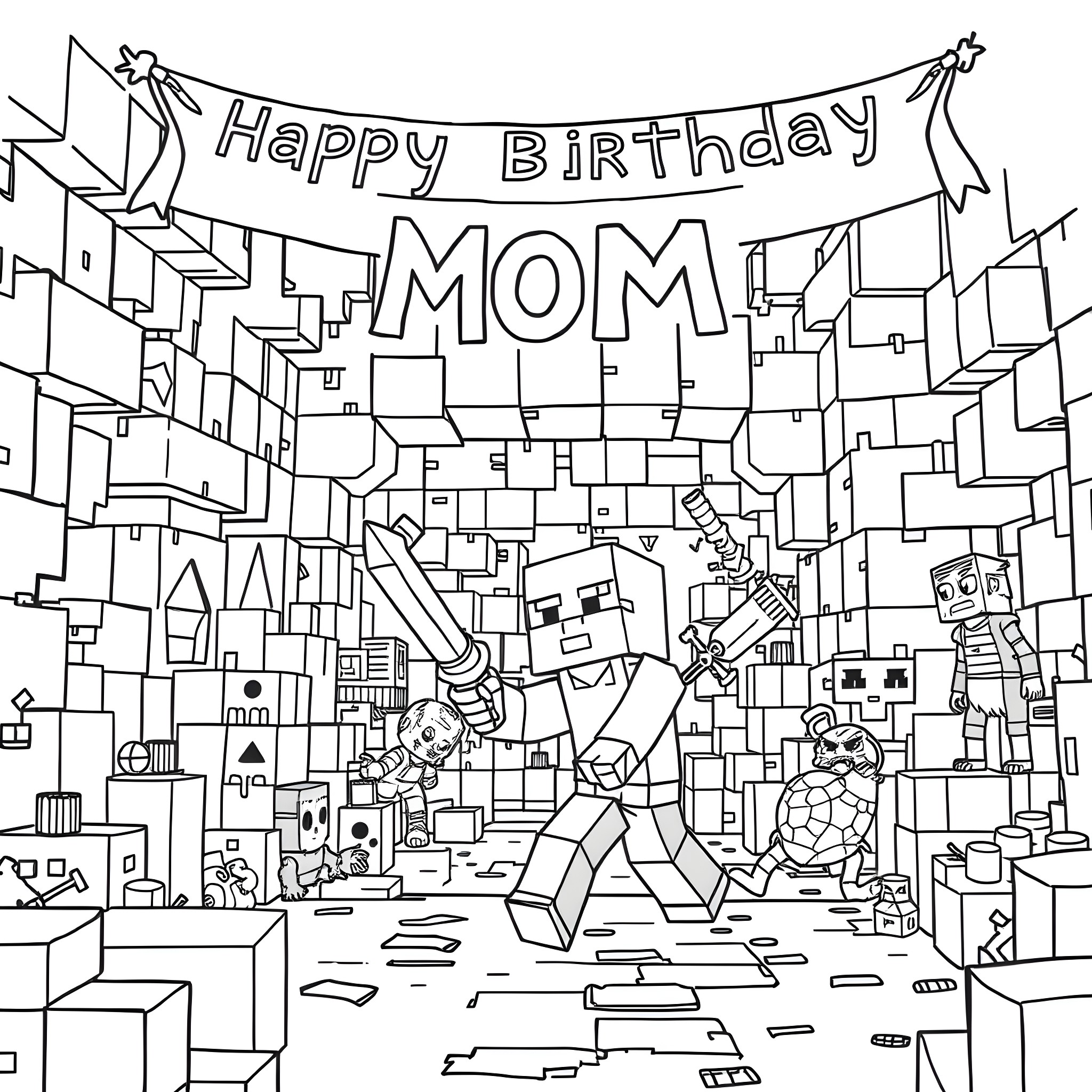 Steve celebrates his mom's happy birthday in a chaotic city Coloring Page (free black-and-white line drawing printable PDF for all, from beginners to advanced learners, including children, teens, adults, and seniors)