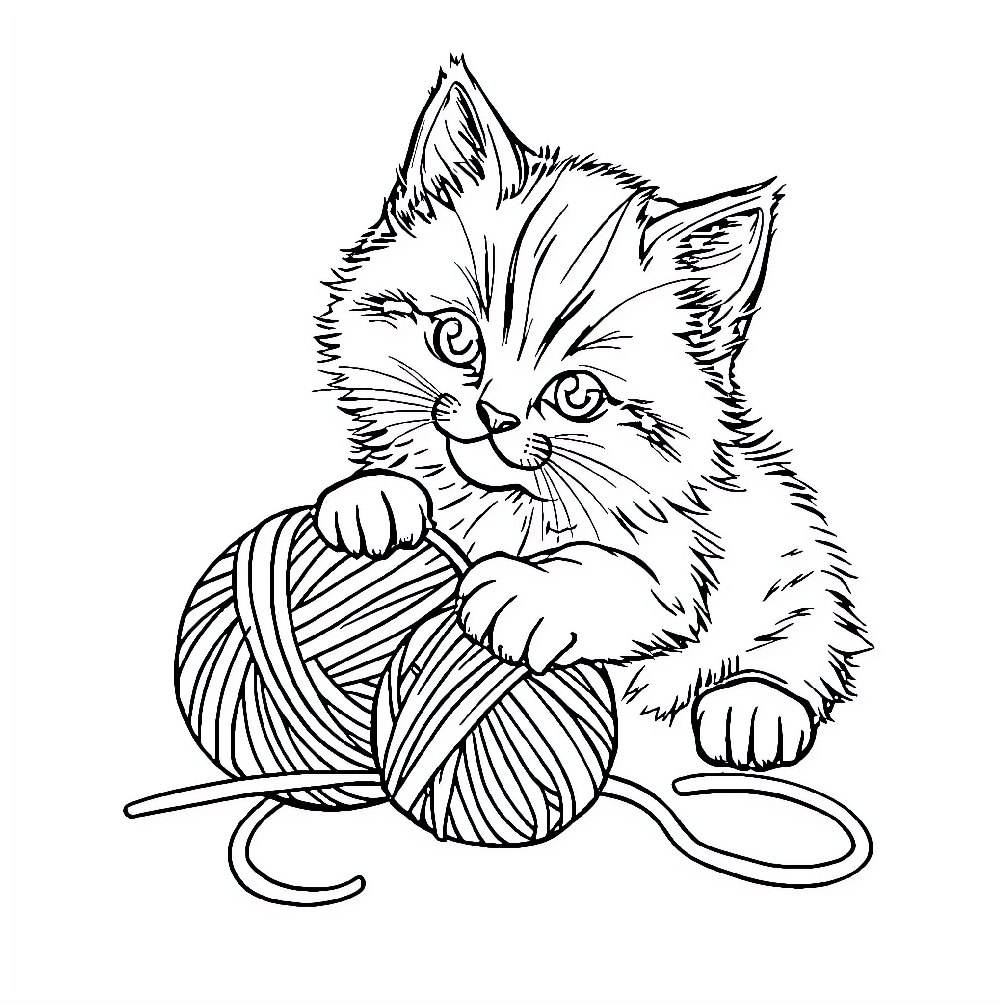Kitten playing with ball of yarn Coloring Page (free black-and-white line drawing printable PDF for all, from beginners to advanced learners, including children, teens, adults, and seniors)