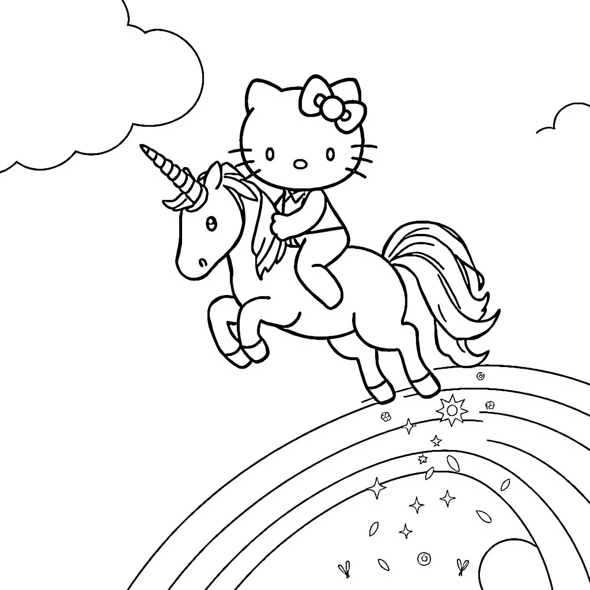 Hello Kitty Rides a Magical Unicorn Coloring Page (free black-and-white line drawing printable PDF for all, from beginners to advanced learners, including children, teens, adults, and seniors)