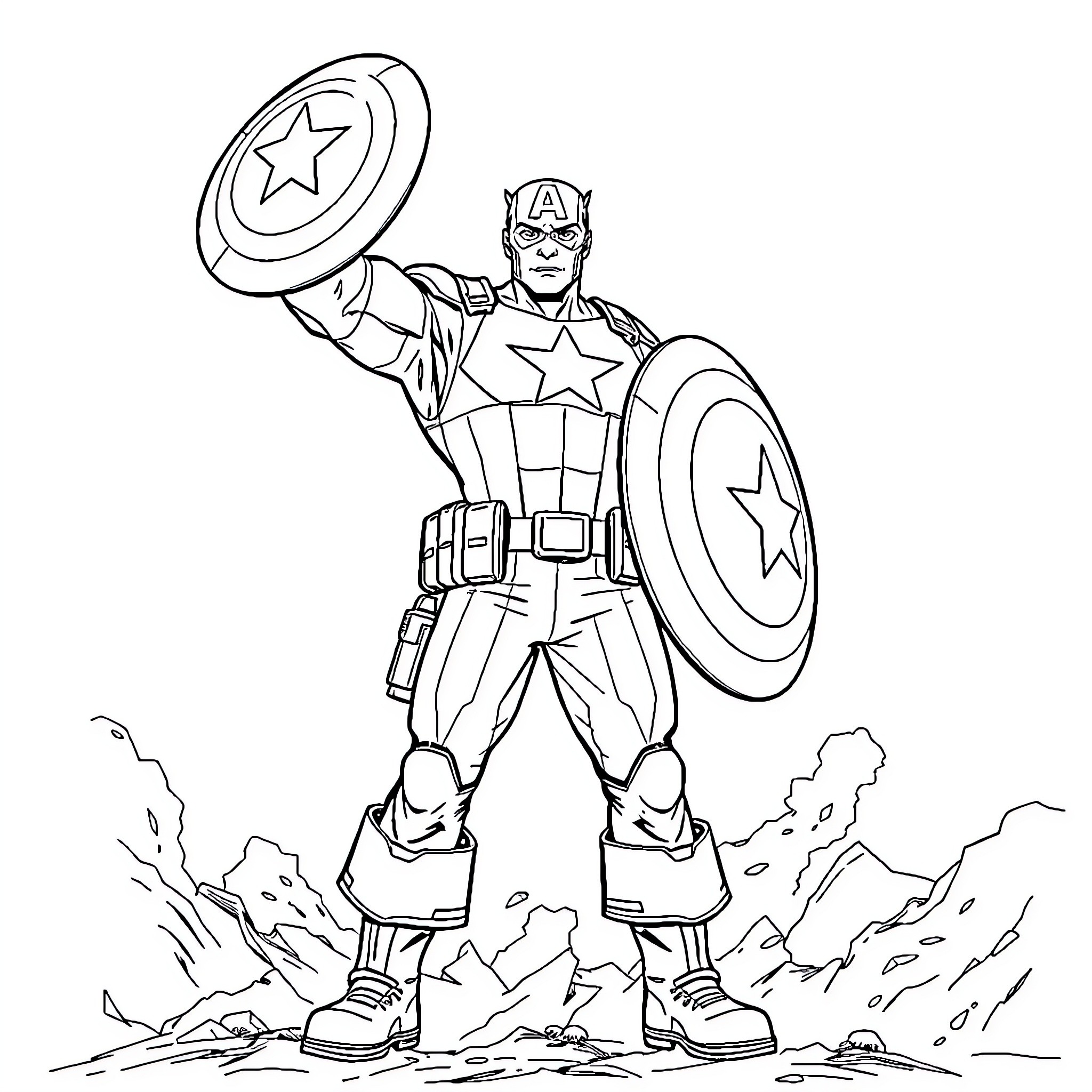 Captain America Defending with Shield and Courage Coloring Page (free black-and-white line drawing printable PDF for all, from beginners to advanced learners, including children, teens, adults, and seniors)