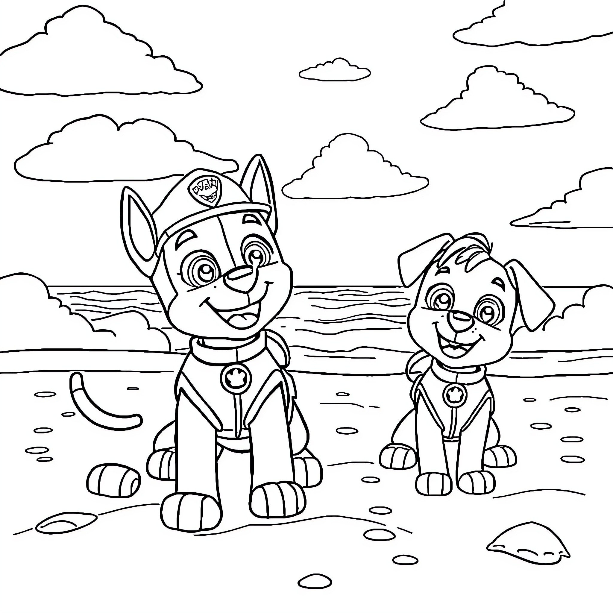 Paw Patrol pups playing on the beach Coloring Page (free black-and-white line drawing printable PDF for all, from beginners to advanced learners, including children, teens, adults, and seniors)