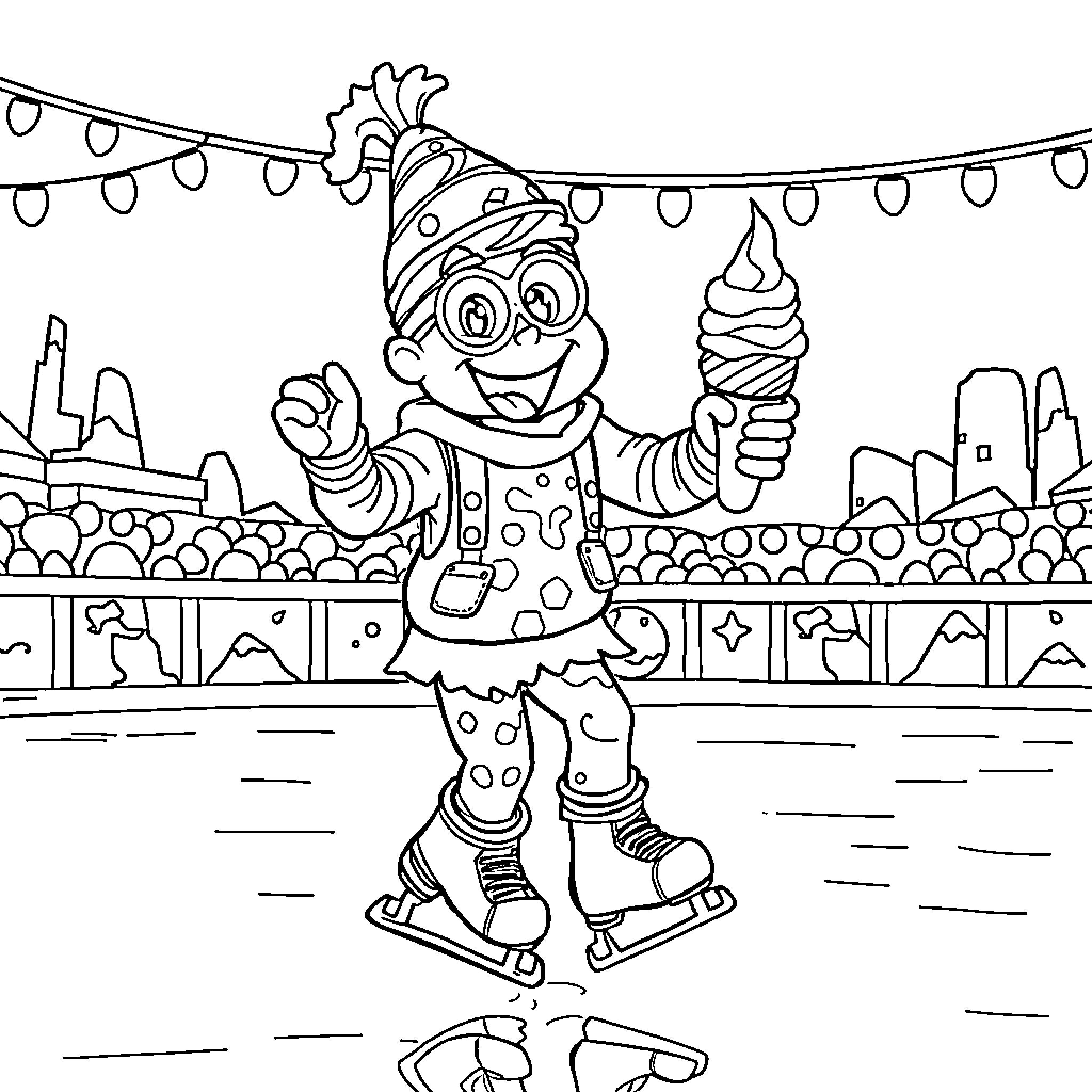 Blippi enjoying a day of winter fun with ice cream Coloring Page (free black-and-white line drawing printable PDF for all, from beginners to advanced learners, including children, teens, adults, and seniors)