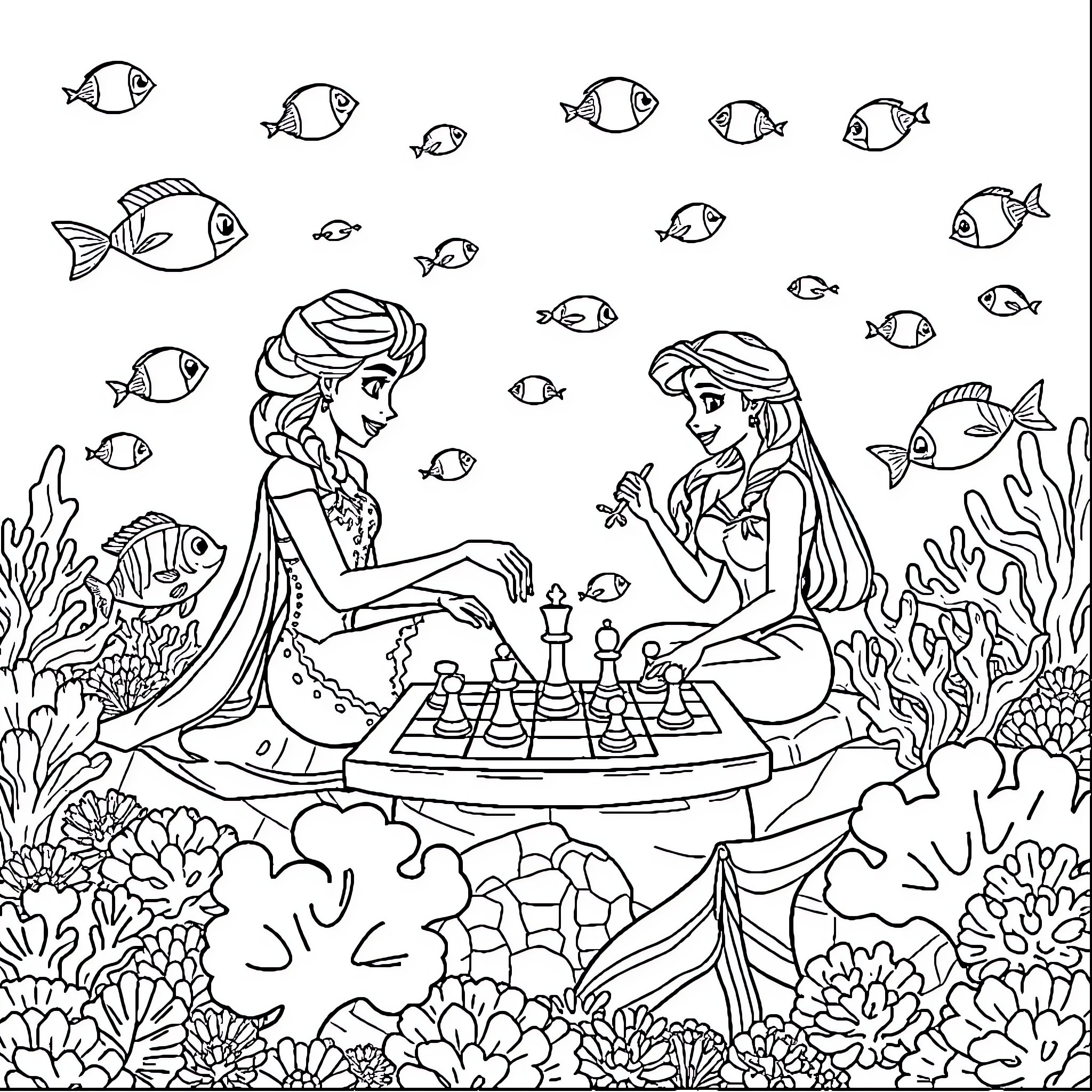 Elsa and Ariel Playing Chess Underwater Coloring Page (free black-and-white line drawing printable PDF for all, from beginners to advanced learners, including children, teens, adults, and seniors)