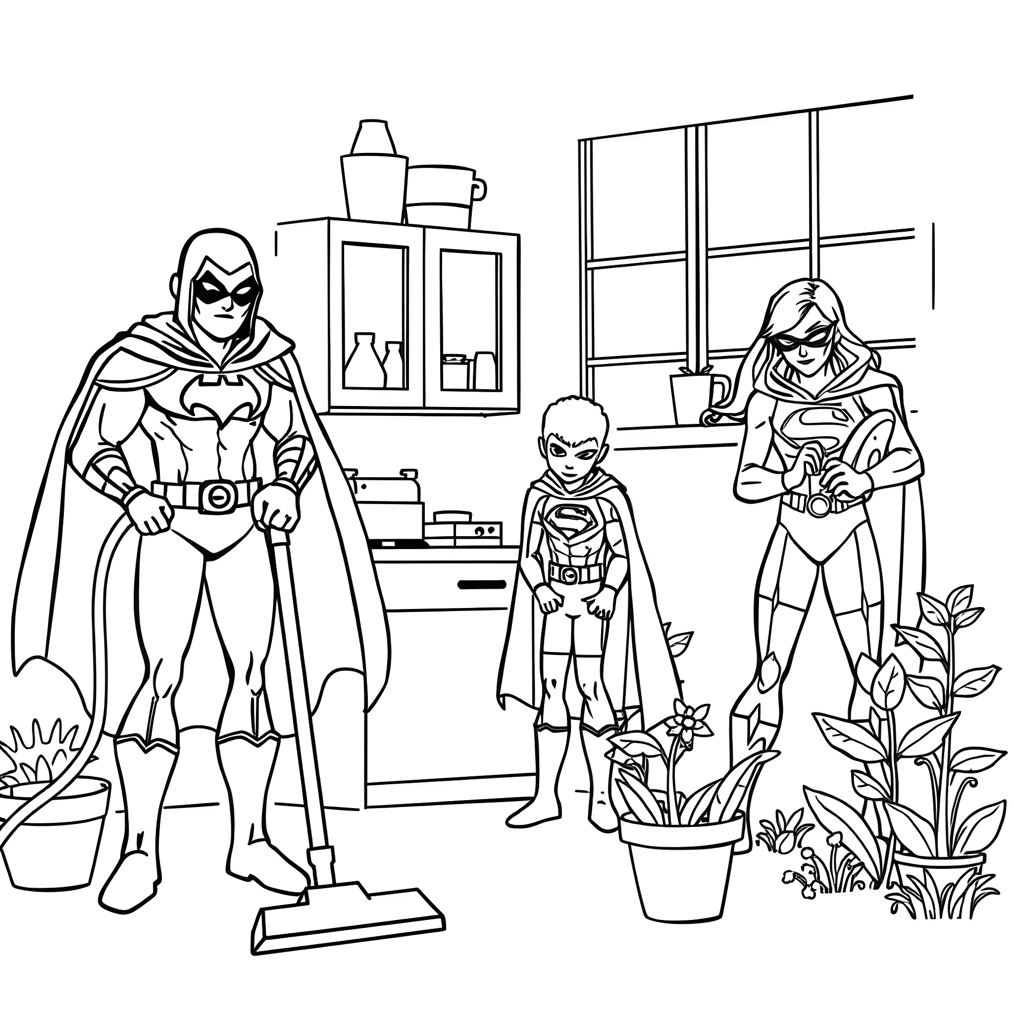 Superhero Family Enjoying Time Together at Home Coloring Page (free black-and-white line drawing printable PDF for all, from beginners to advanced learners, including children, teens, adults, and seniors)