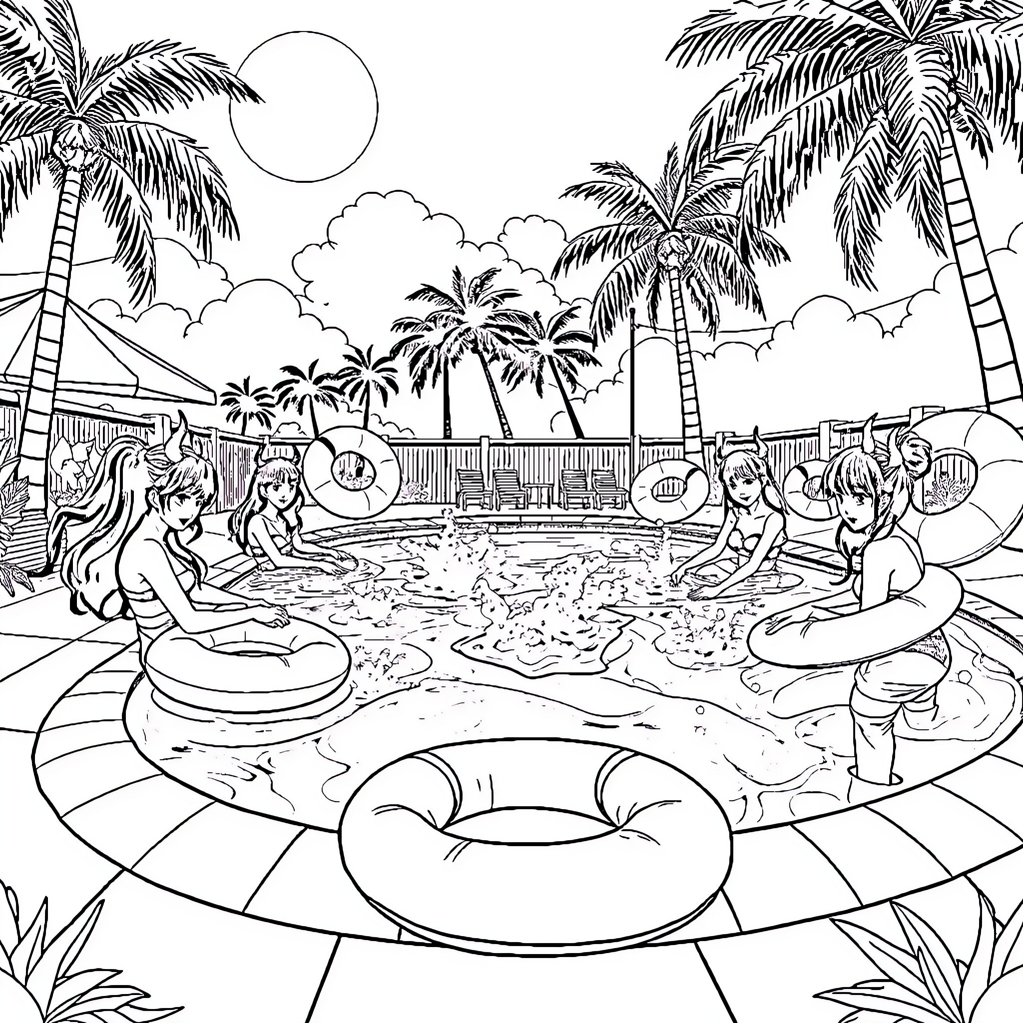 Girl enjoying a sunny beach day with friends Coloring Page (free black-and-white line drawing printable PDF for all, from beginners to advanced learners, including children, teens, adults, and seniors)