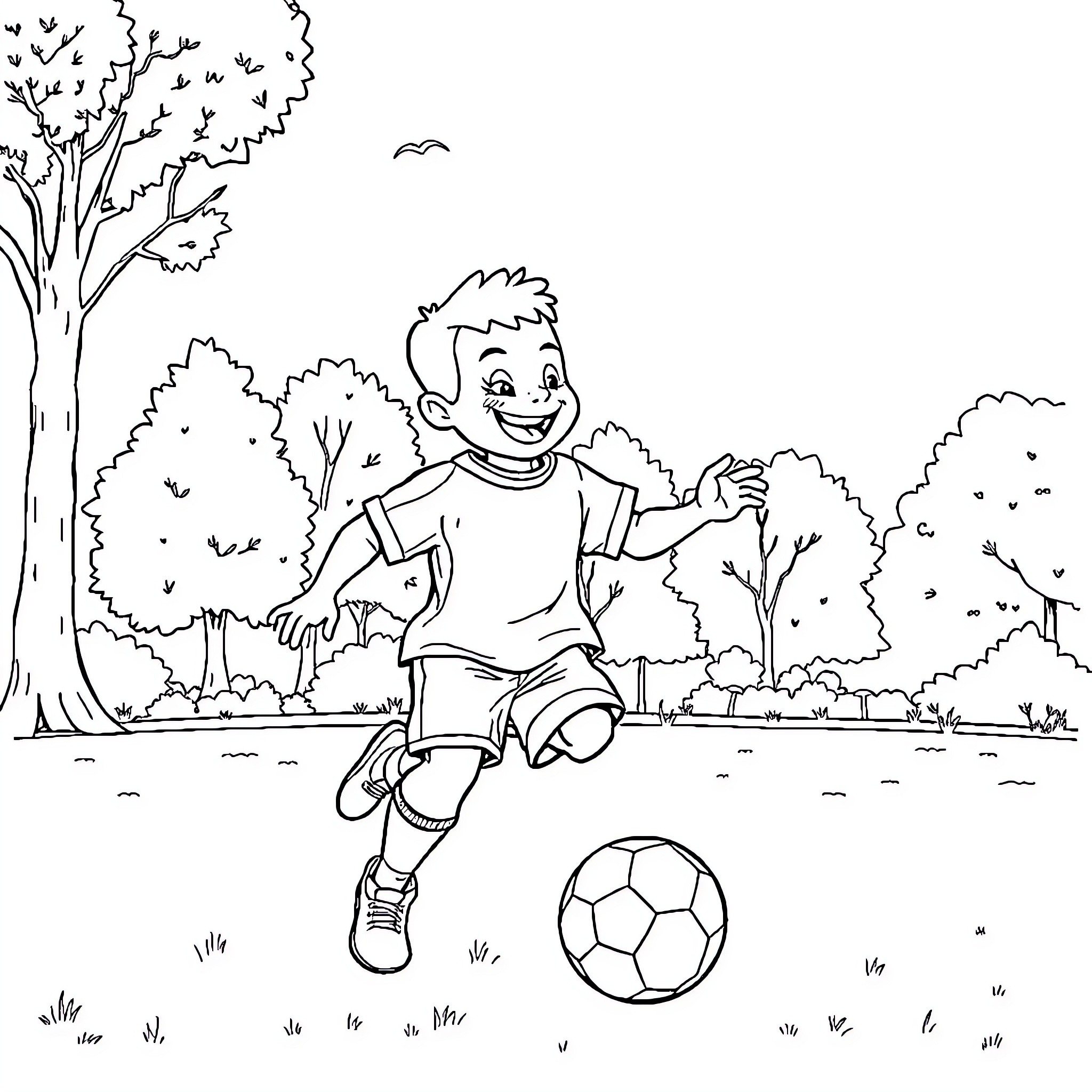 Labubu playing with soccer ball in the park Coloring Page (free black-and-white line drawing printable PDF for all, from beginners to advanced learners, including children, teens, adults, and seniors)