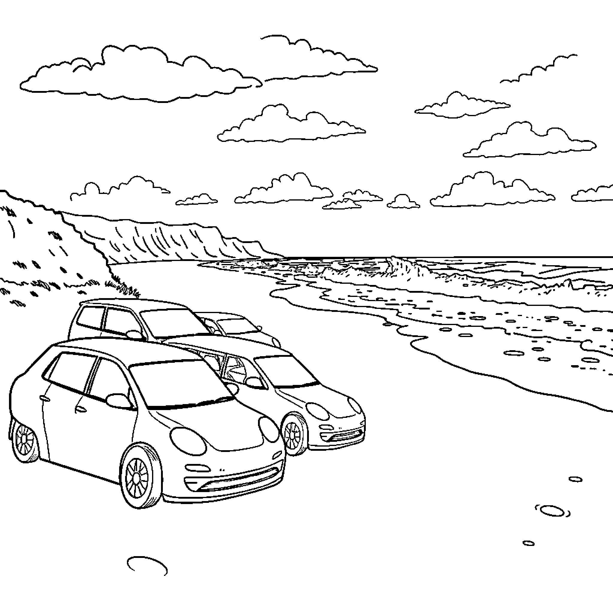 Cars parked on the beach with cloudy sky Coloring Page (free black-and-white line drawing printable PDF for all, from beginners to advanced learners, including children, teens, adults, and seniors)