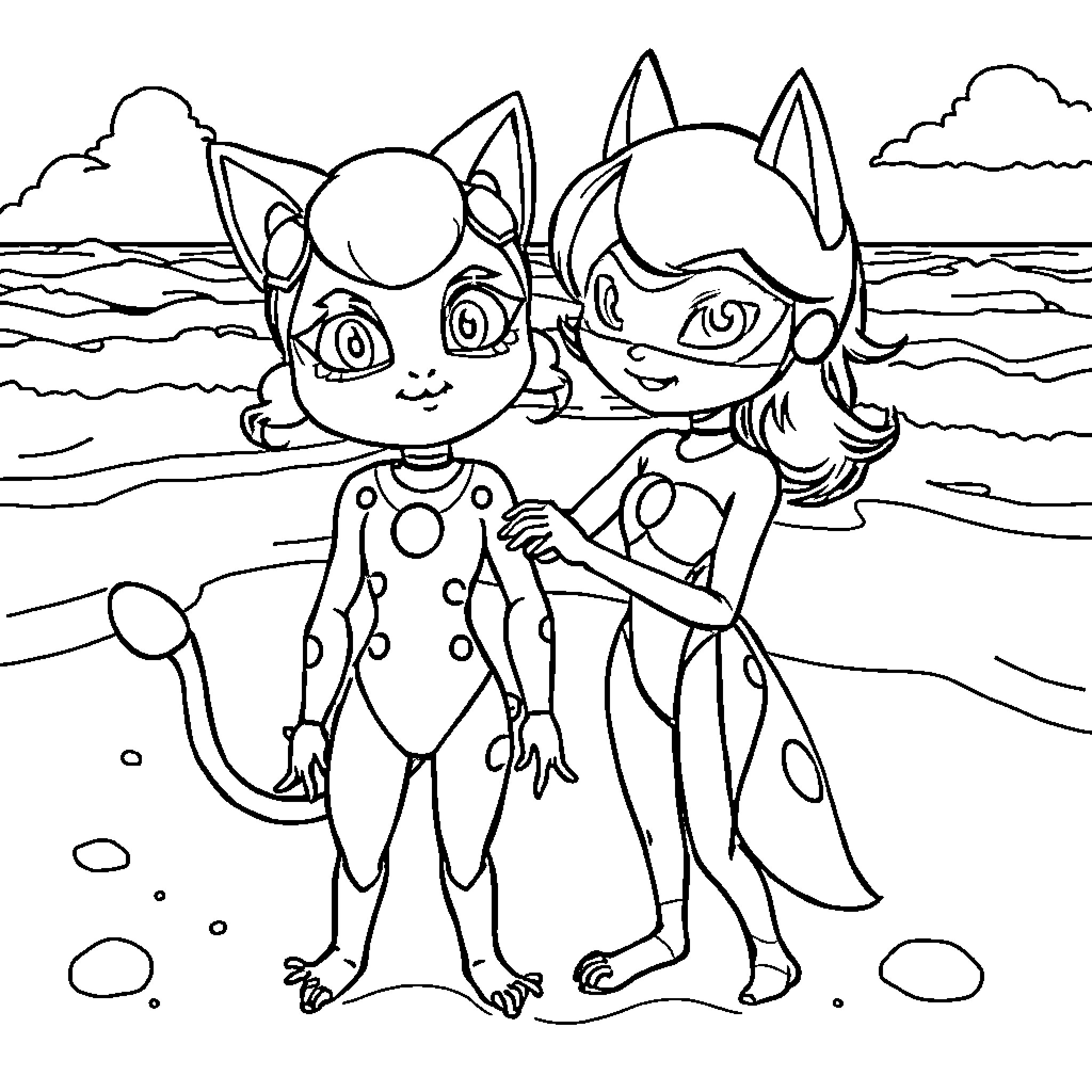 Ladybug friends playing on the beach Coloring Page (free black-and-white line drawing printable PDF for all, from beginners to advanced learners, including children, teens, adults, and seniors)