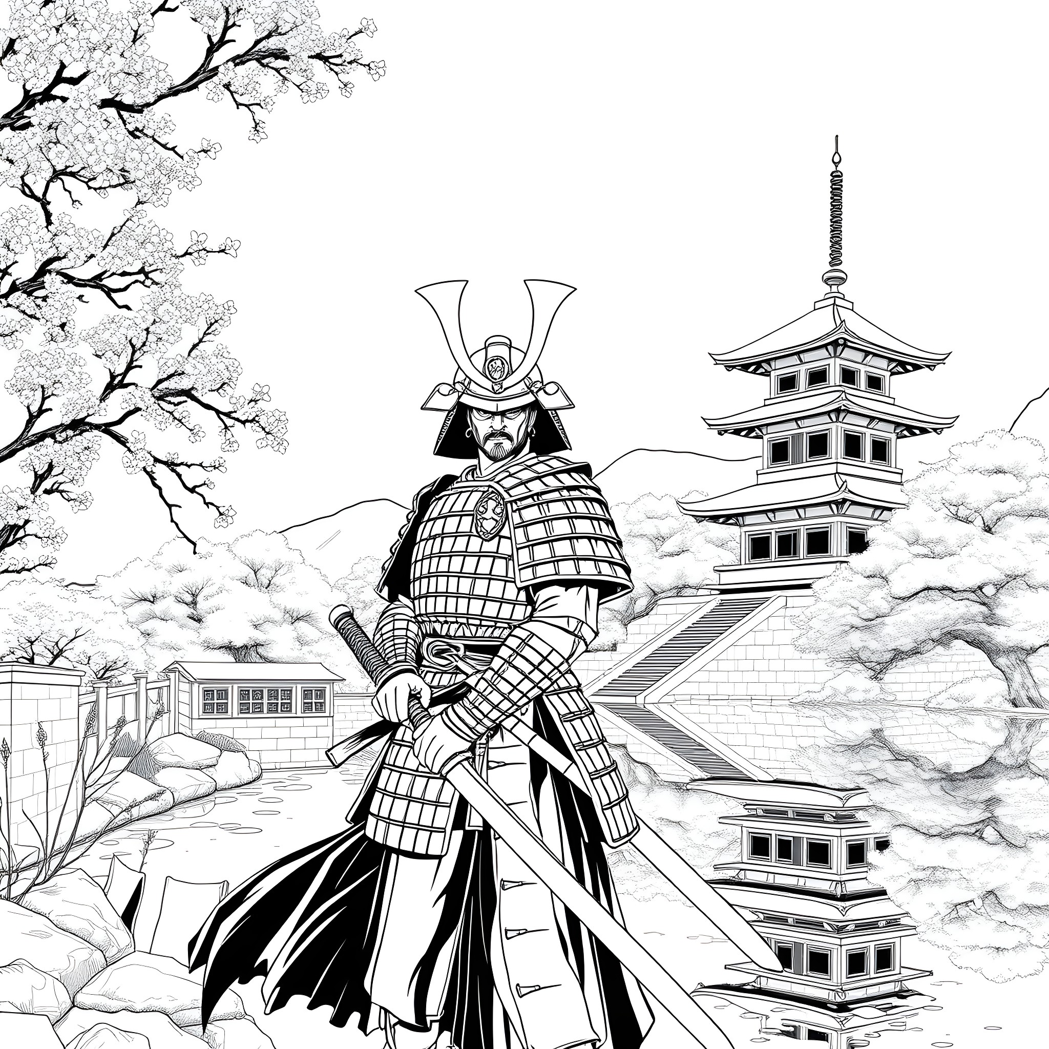 Samurai Warrior Stands Tall Amid Pagoda and Blossoms Coloring Page (free black-and-white line drawing printable PDF for all, from beginners to advanced learners, including children, teens, adults, and seniors)