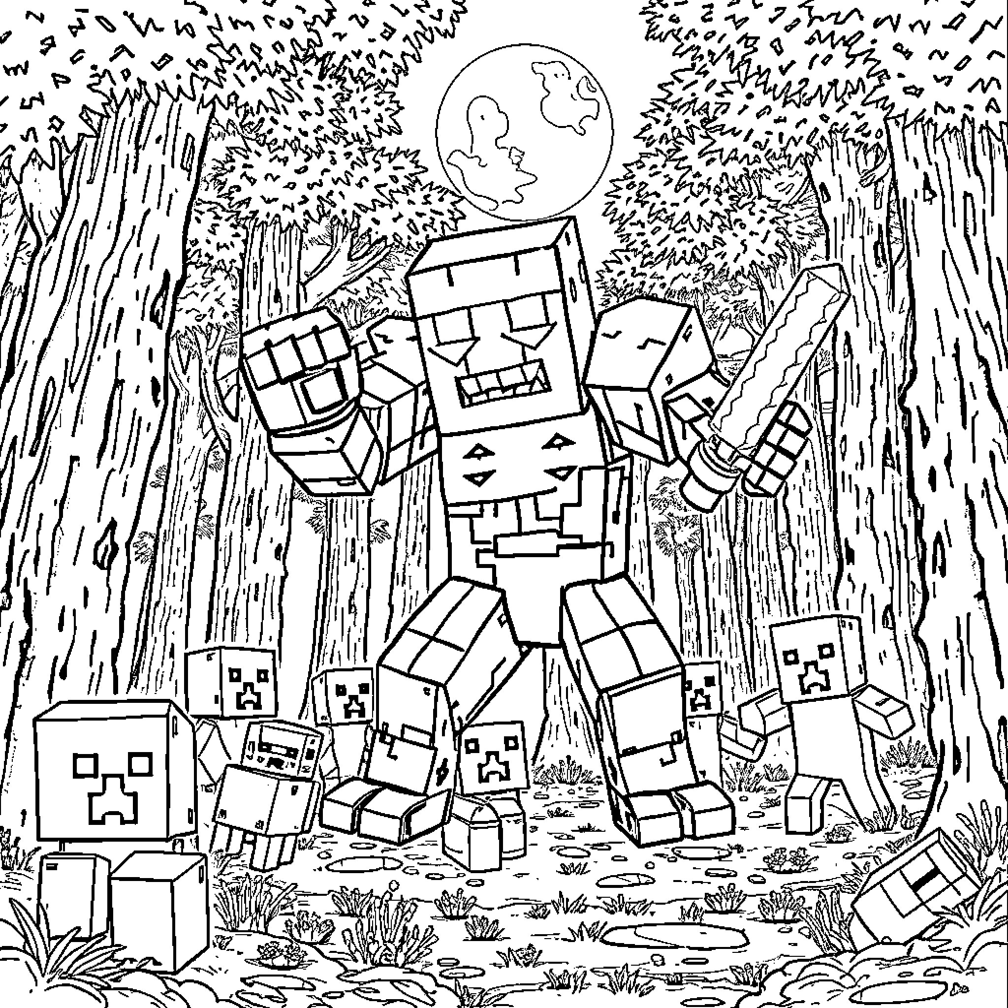 Golem Guarding the Enchanted Forest Coloring Page (free black-and-white line drawing printable PDF for all, from beginners to advanced learners, including children, teens, adults, and seniors)
