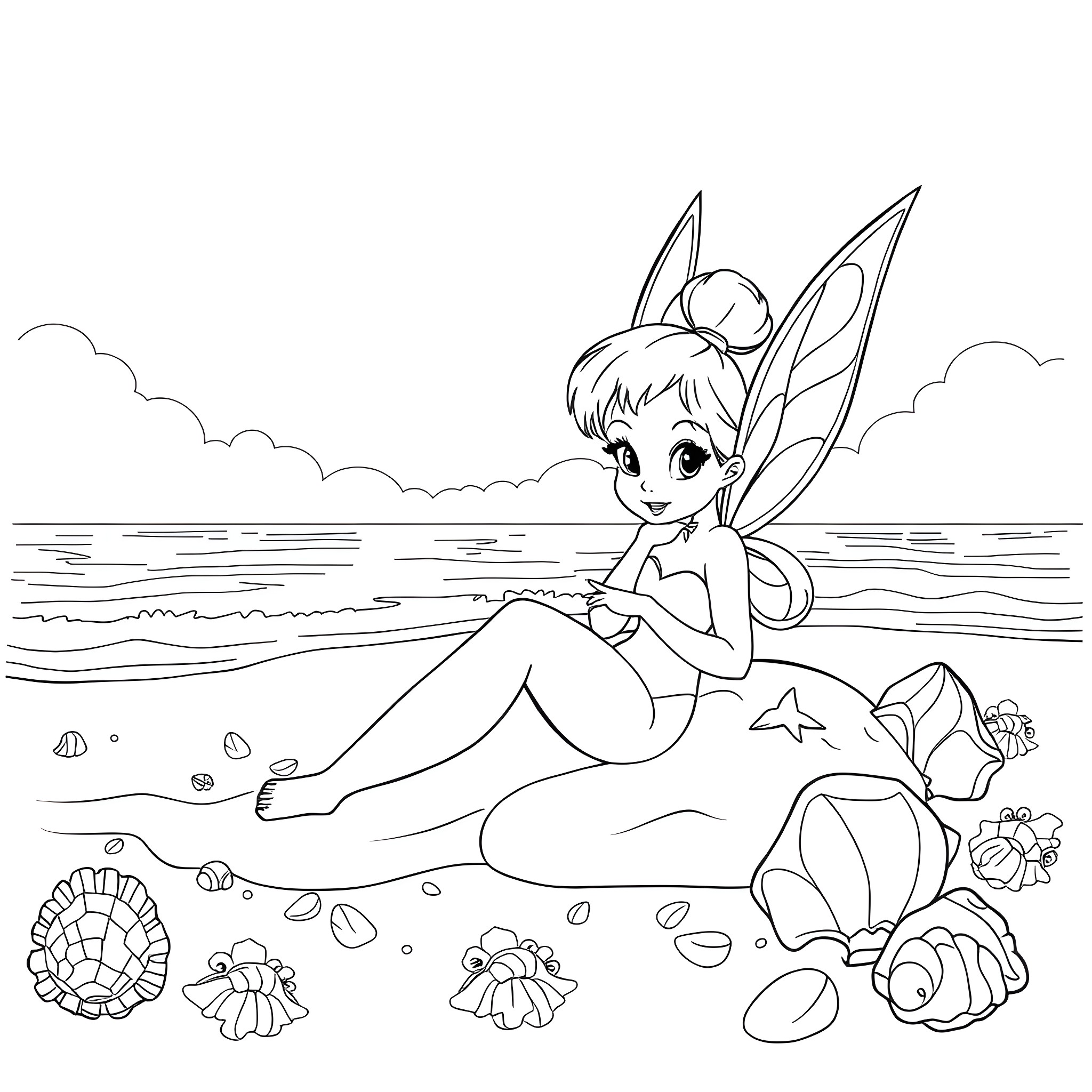Tinkerbell relaxing on the beach Coloring Page (free black-and-white line drawing printable PDF for all, from beginners to advanced learners, including children, teens, adults, and seniors)