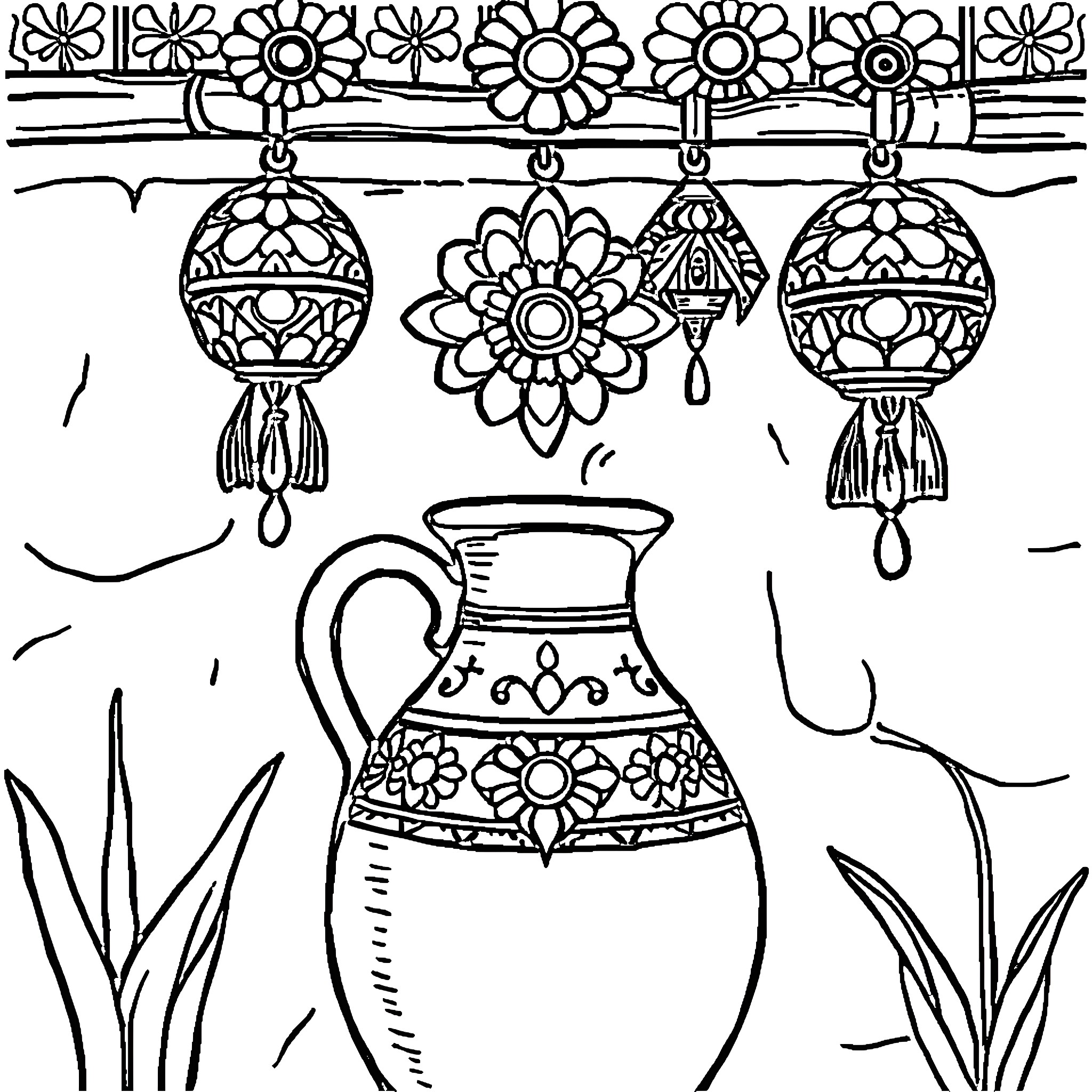 Papel Picado decorative scene with floral ornaments Coloring Page (free black-and-white line drawing printable PDF for all, from beginners to advanced learners, including children, teens, adults, and seniors)