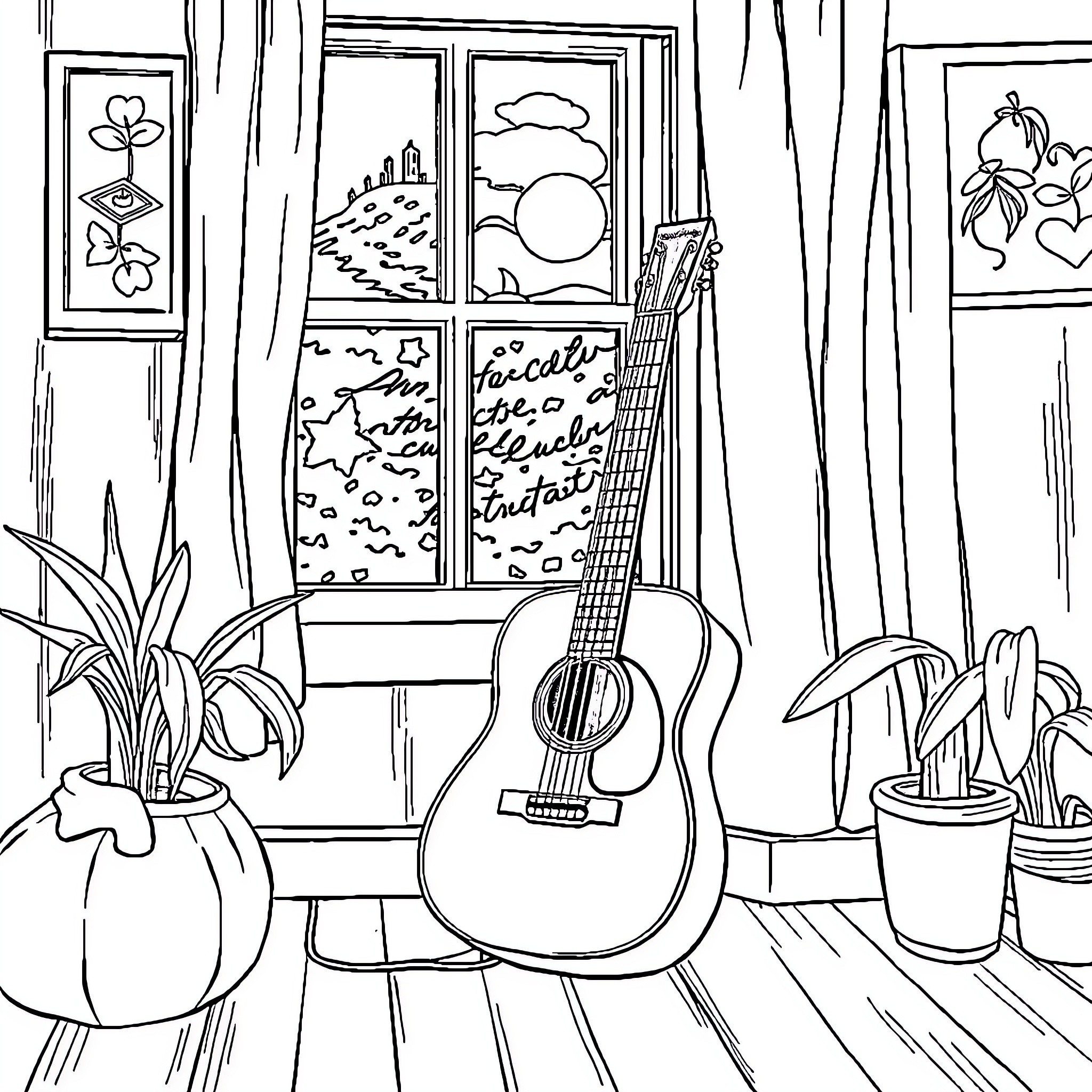 Guitar in a cozy home scene Coloring Page (free black-and-white line drawing printable PDF for all, from beginners to advanced learners, including children, teens, adults, and seniors)