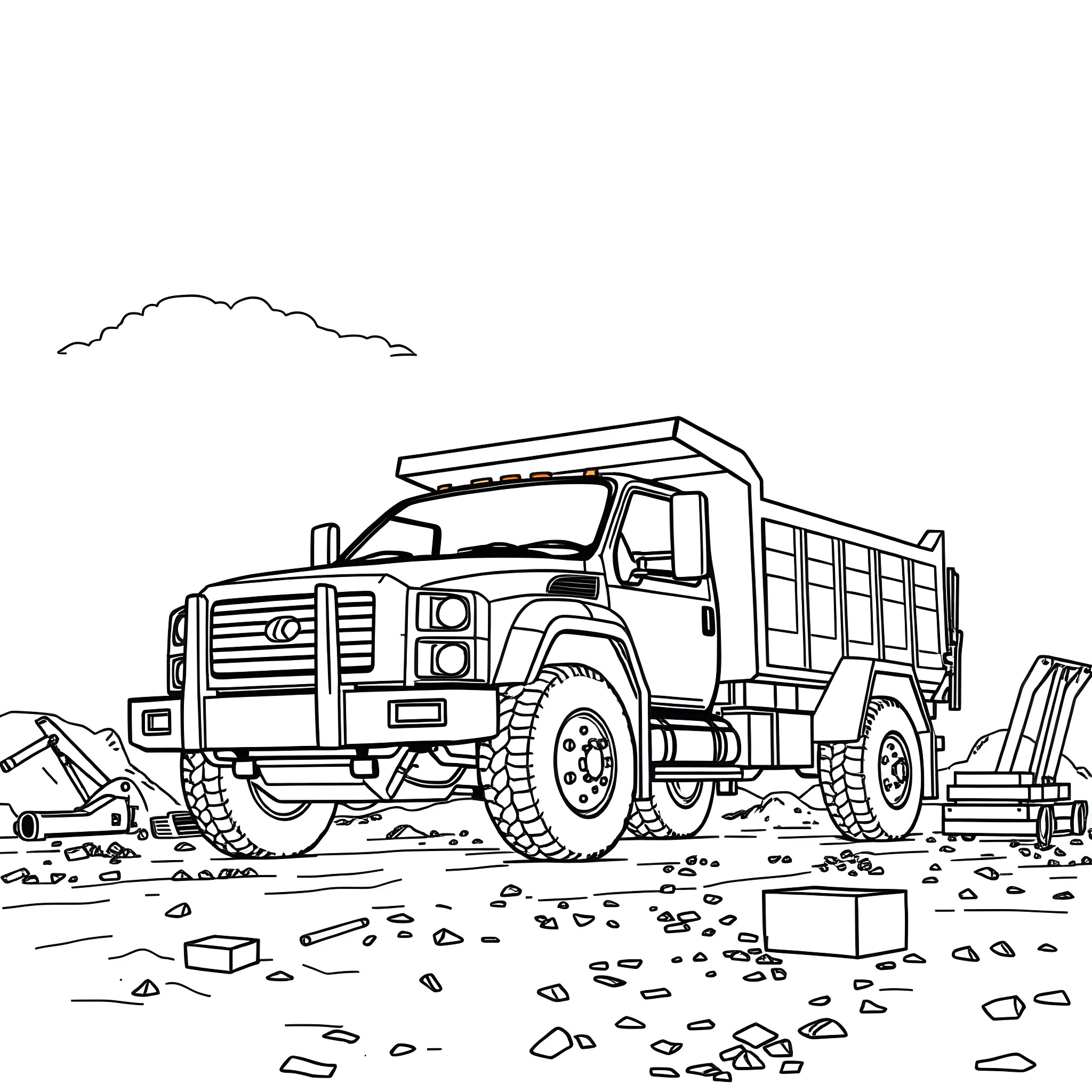 Truck working on construction site Coloring Page (free black-and-white line drawing printable PDF for all, from beginners to advanced learners, including children, teens, adults, and seniors)