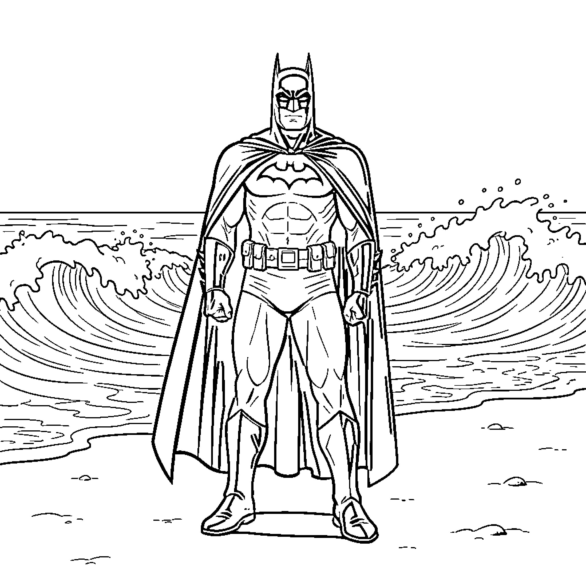 Batman stands tall against crashing waves Coloring Page (free black-and-white line drawing printable PDF for all, from beginners to advanced learners, including children, teens, adults, and seniors)