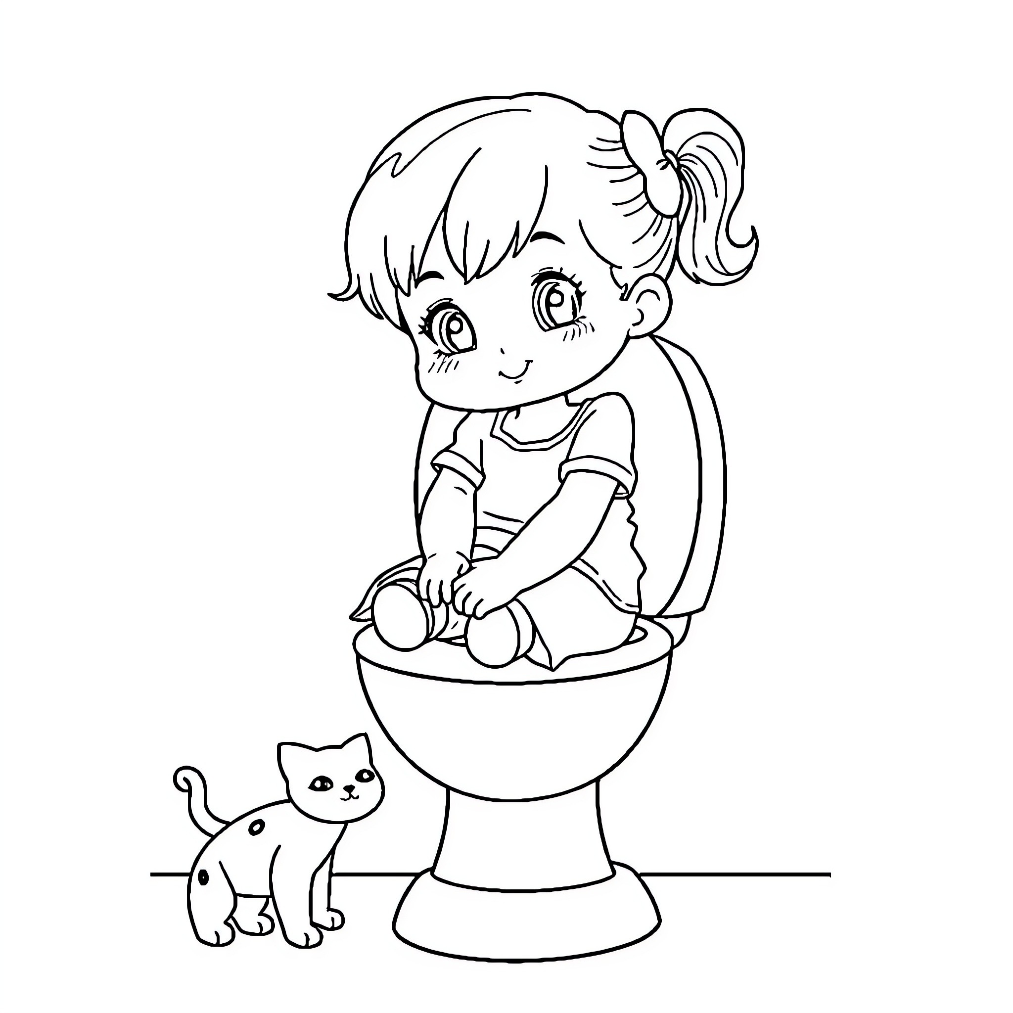 Girl sitting on toilet with pet cat Coloring Page (free black-and-white line drawing printable PDF for all, from beginners to advanced learners, including children, teens, adults, and seniors)