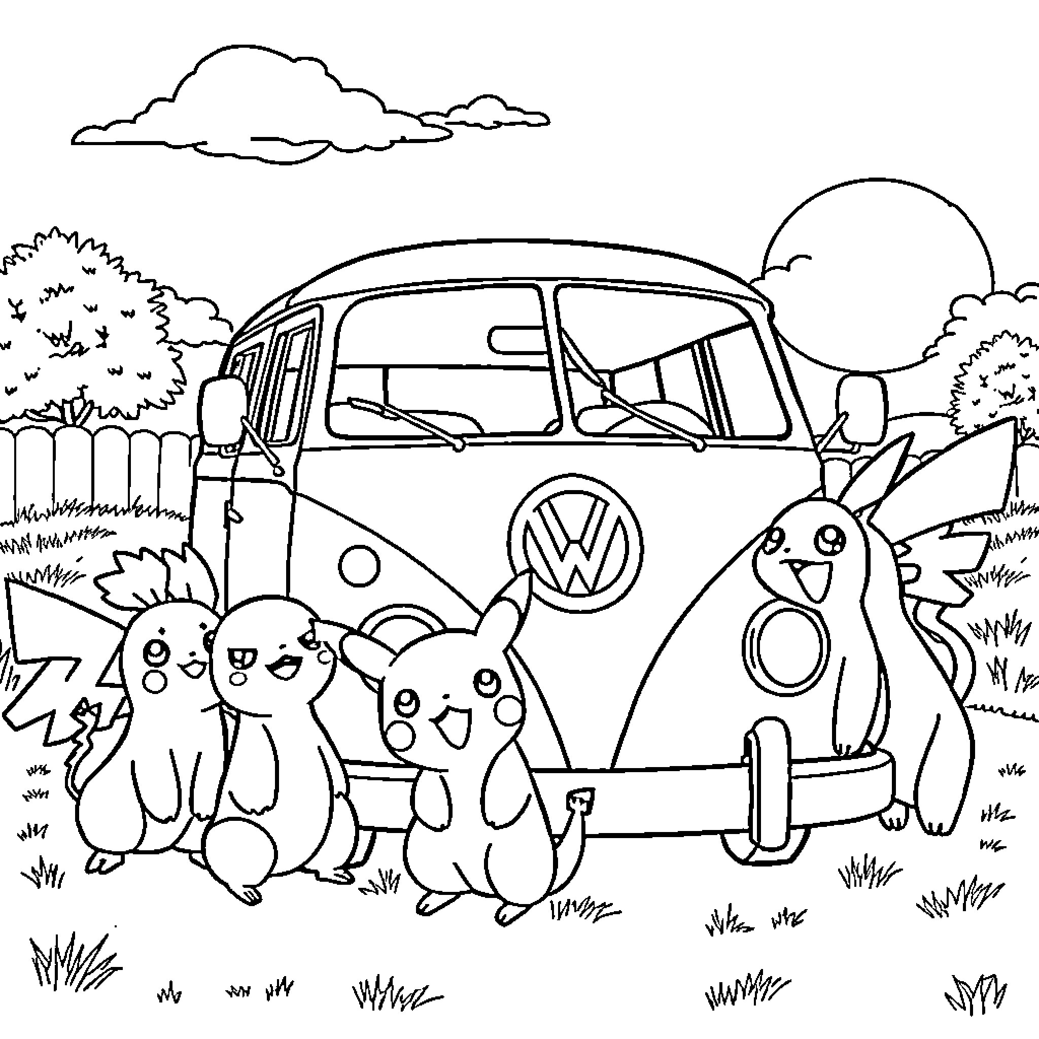 Pokémon enjoying a scenic road trip in the countryside Coloring Page (free black-and-white line drawing printable PDF for all, from beginners to advanced learners, including children, teens, adults, and seniors)
