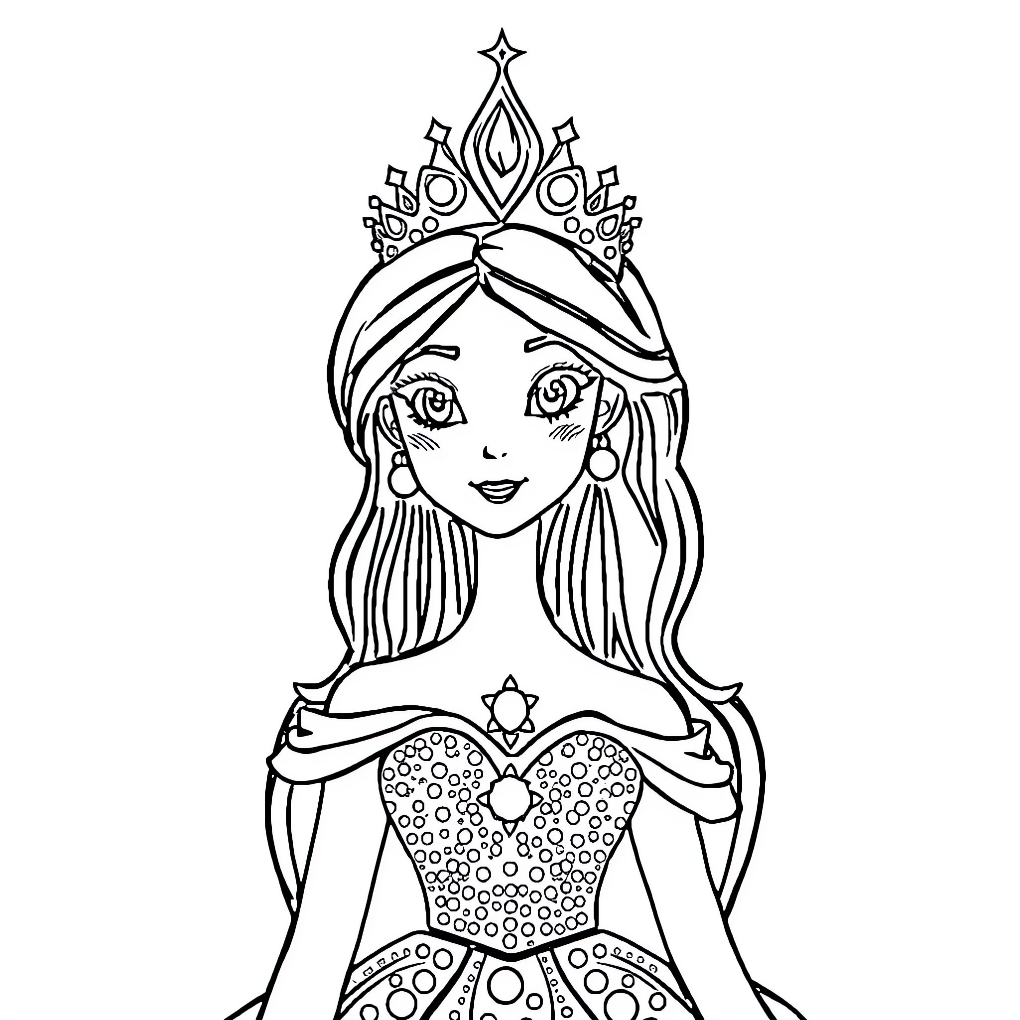 Princess with Crown and Ornate Dress Coloring Page (free black-and-white line drawing printable PDF for all, from beginners to advanced learners, including children, teens, adults, and seniors)