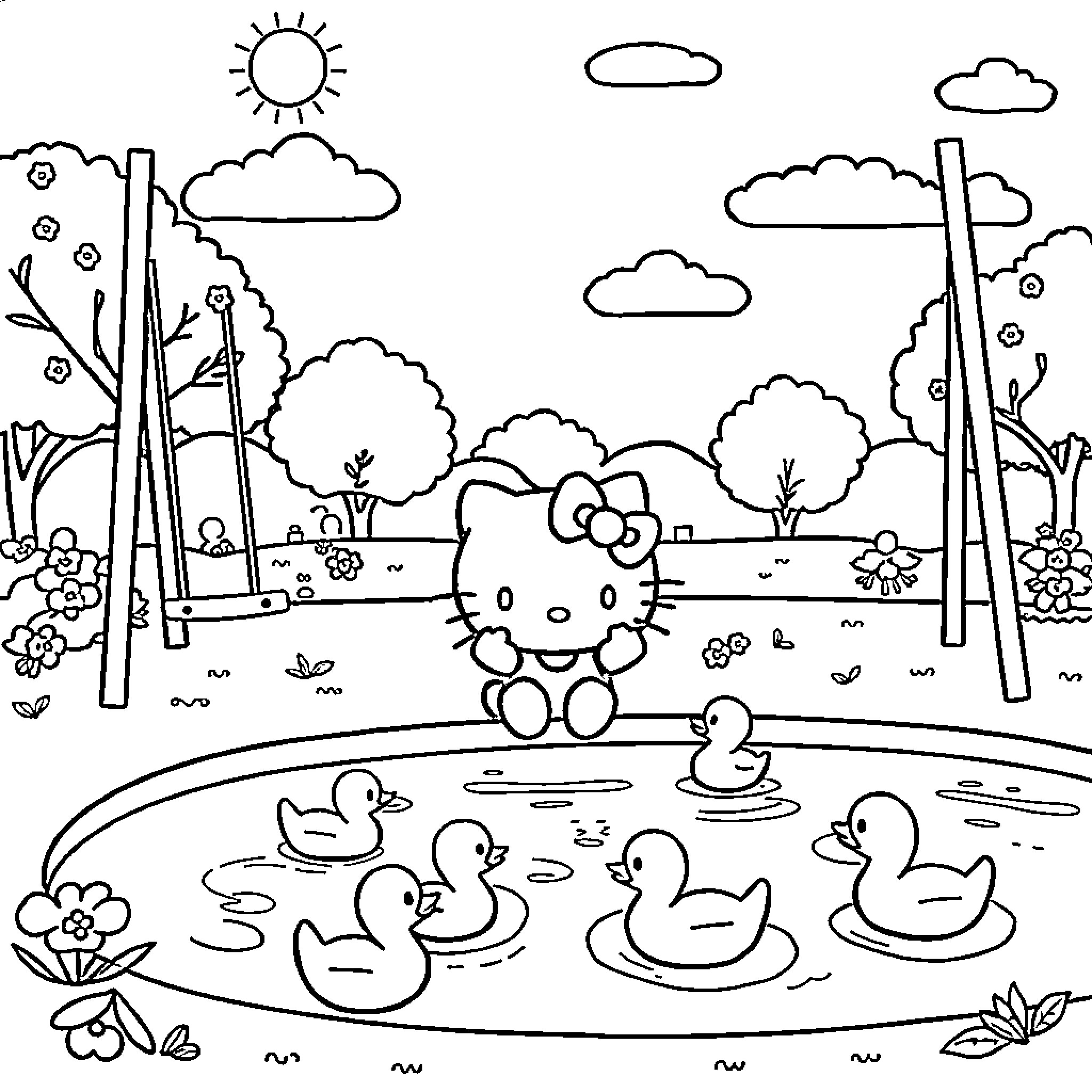 Hello Kitty enjoys a sunny day by the pond Coloring Page (free black-and-white line drawing printable PDF for all, from beginners to advanced learners, including children, teens, adults, and seniors)