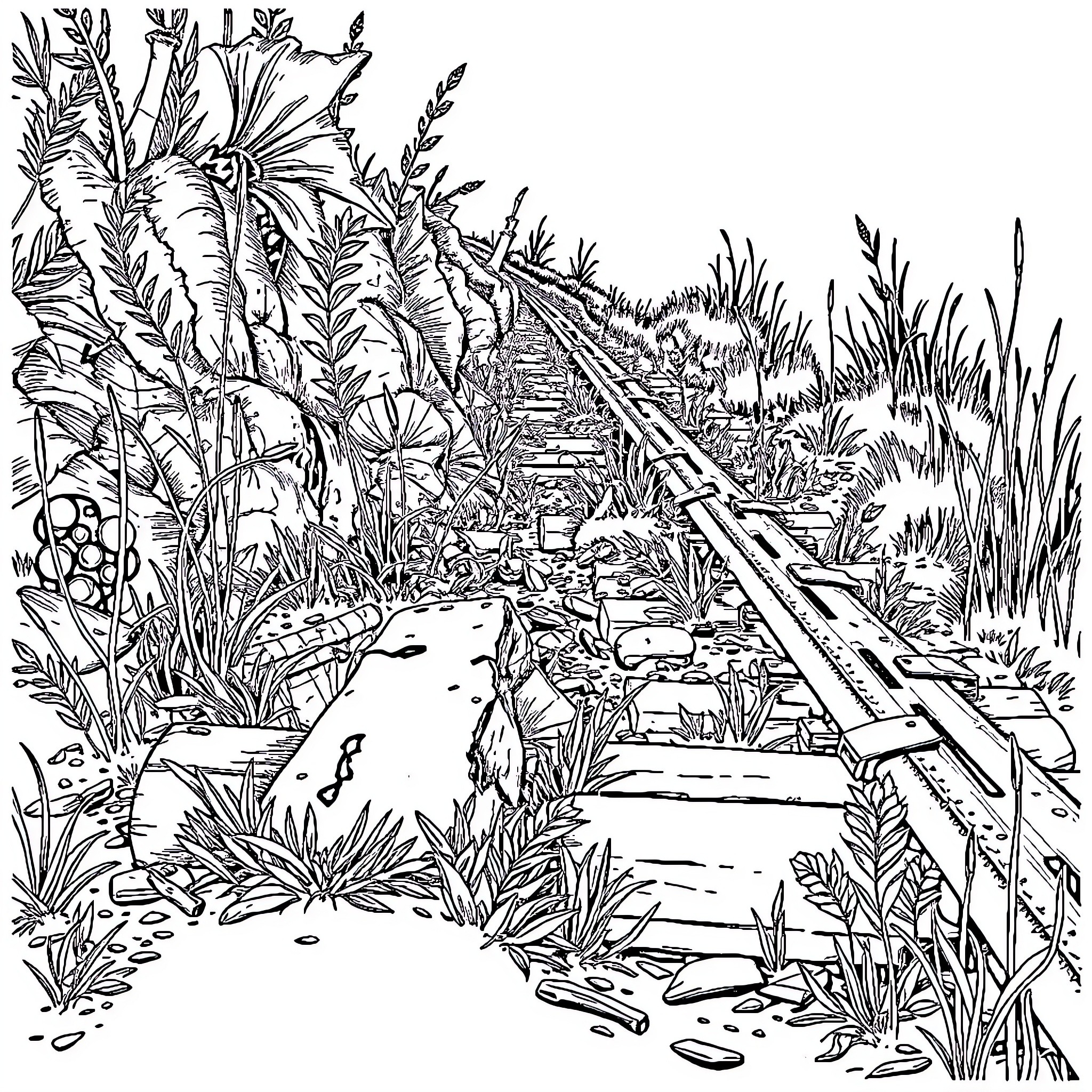 Rail Tracks Surrounded by Lush Vegetation Coloring Page (free black-and-white line drawing printable PDF for all, from beginners to advanced learners, including children, teens, adults, and seniors)
