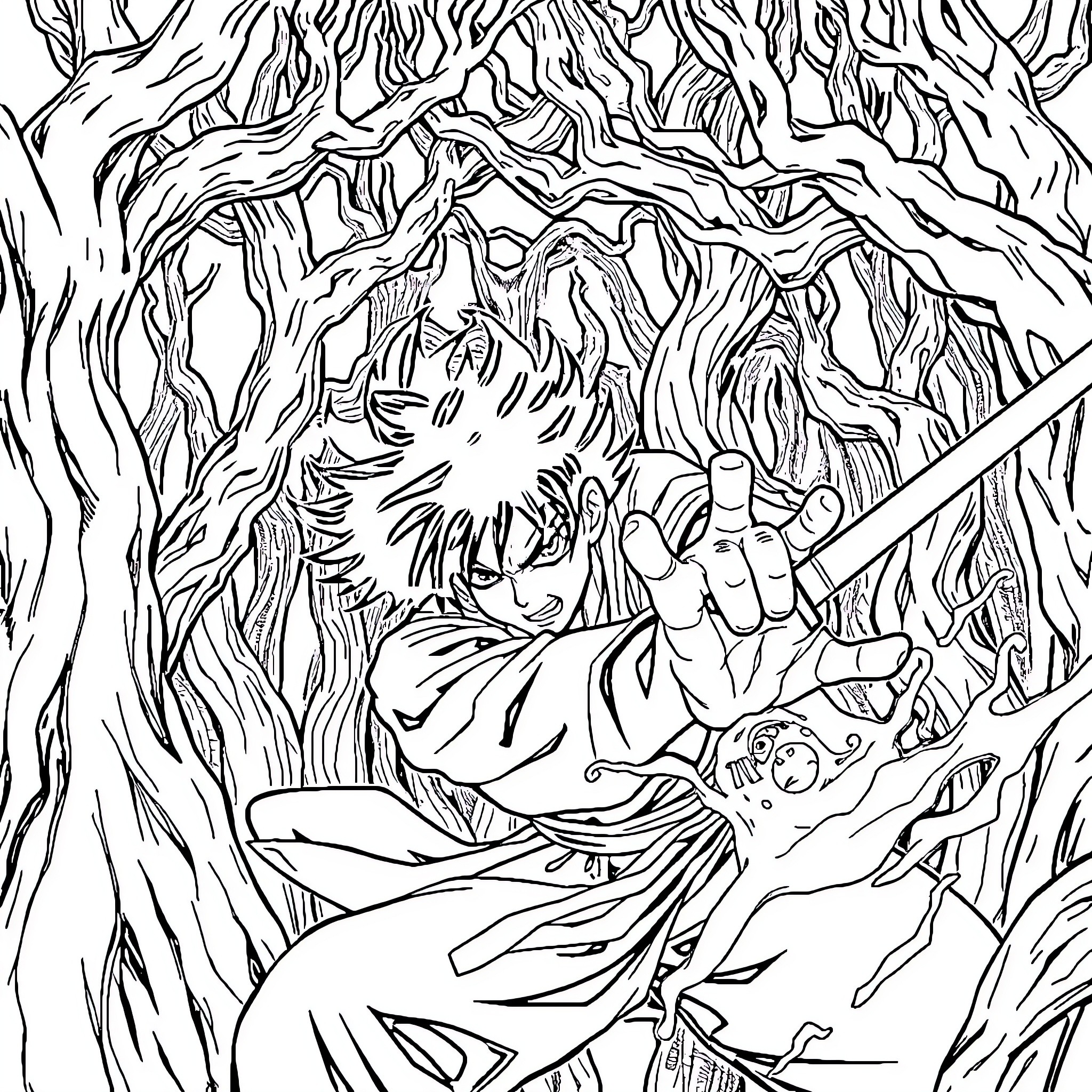 Tanjiro's Fierce Battle in a Mysterious Forest Coloring Page (free black-and-white line drawing printable PDF for all, from beginners to advanced learners, including children, teens, adults, and seniors)
