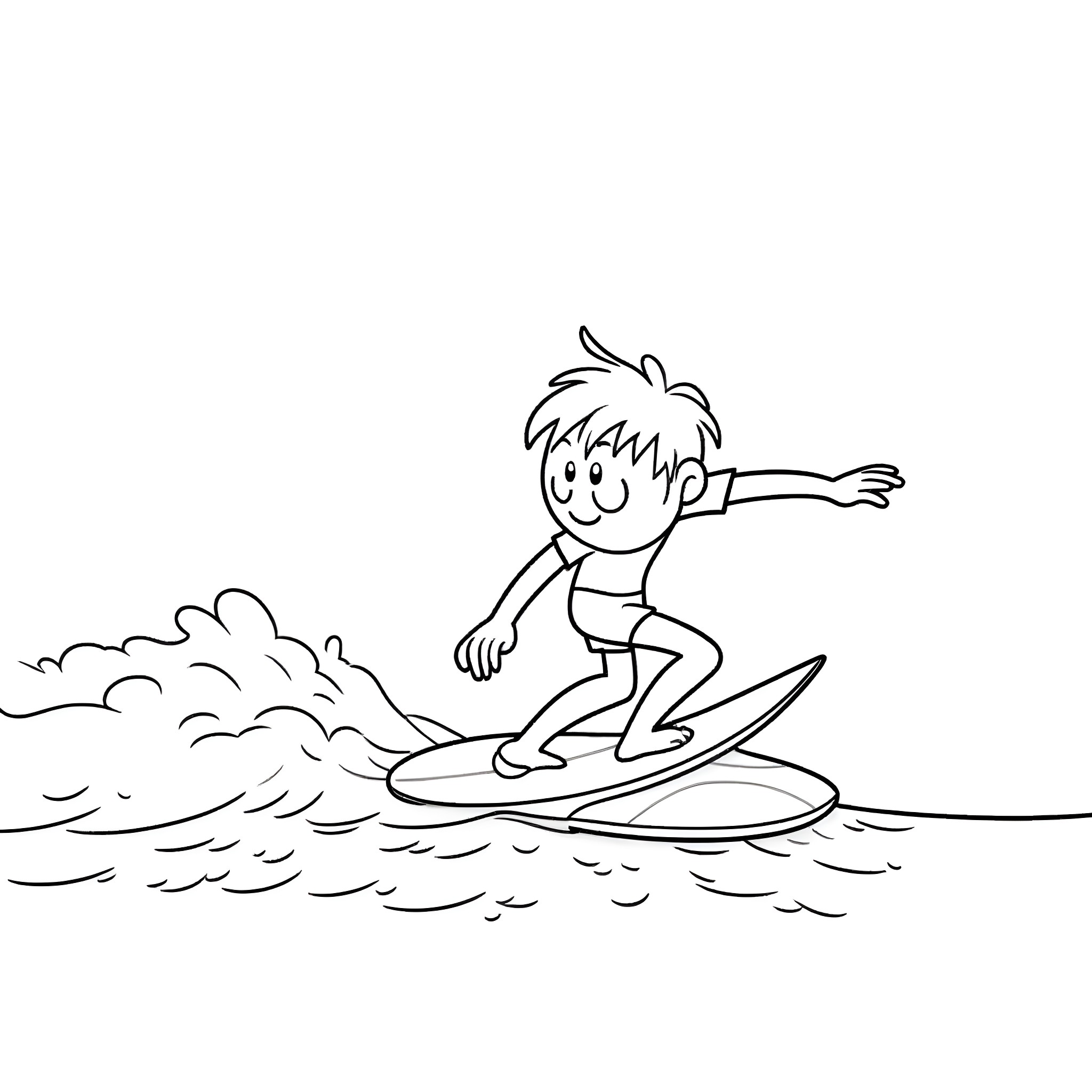 Kenny surfing on the waves Coloring Page (free black-and-white line drawing printable PDF for all, from beginners to advanced learners, including children, teens, adults, and seniors)