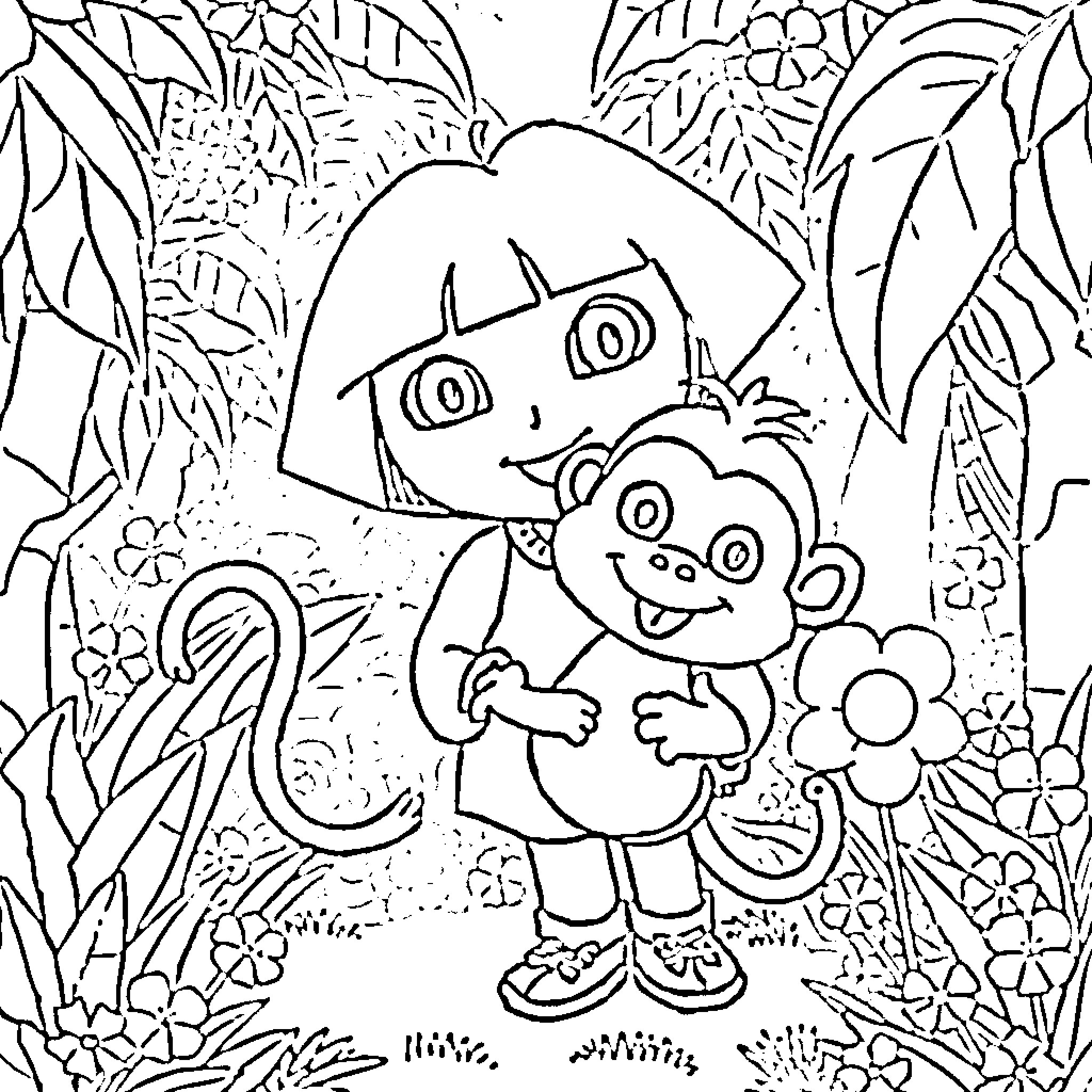 Dora and Boots exploring the floral garden Coloring Page (free black-and-white line drawing printable PDF for all, from beginners to advanced learners, including children, teens, adults, and seniors)