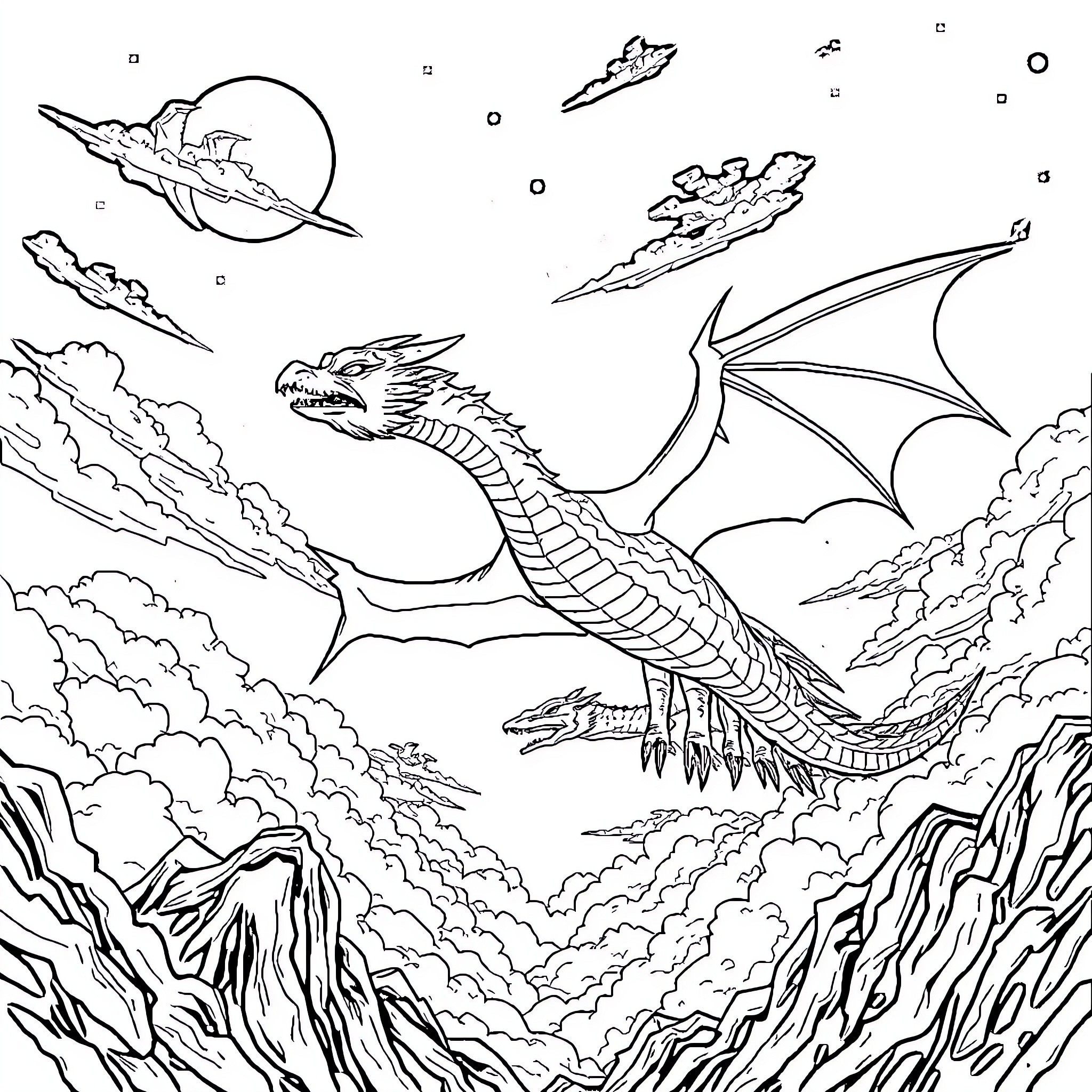 Dragon soaring through the mystic skies Coloring Page (free black-and-white line drawing printable PDF for all, from beginners to advanced learners, including children, teens, adults, and seniors)