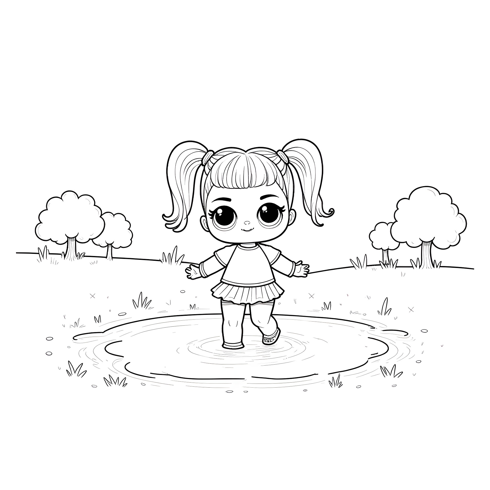 Lol Doll playing joyfully in a puddle Coloring Page (free black-and-white line drawing printable PDF for all, from beginners to advanced learners, including children, teens, adults, and seniors)