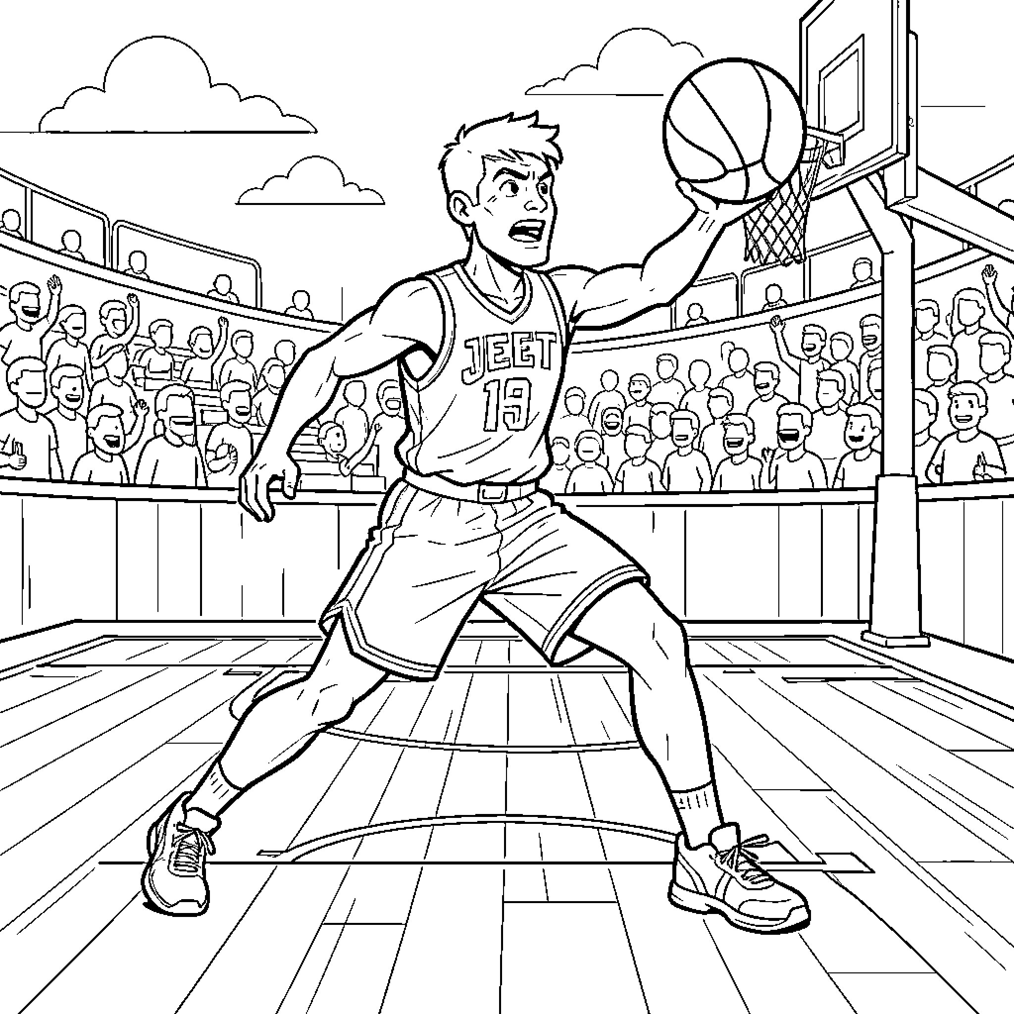 Jet playing basketball intensely in a crowded arena Coloring Page (free black-and-white line drawing printable PDF for all, from beginners to advanced learners, including children, teens, adults, and seniors)