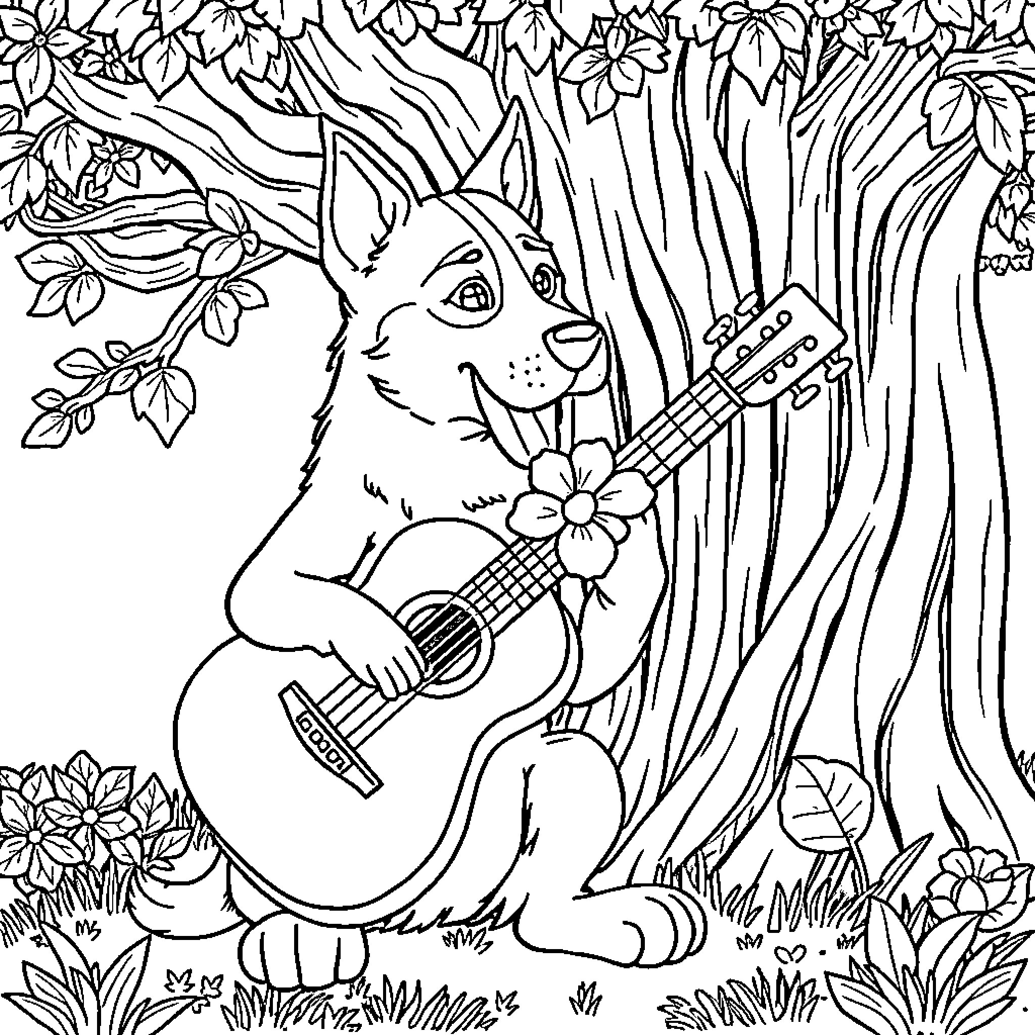 Perro playing guitar amidst flowers and foliage Coloring Page (free black-and-white line drawing printable PDF for all, from beginners to advanced learners, including children, teens, adults, and seniors)