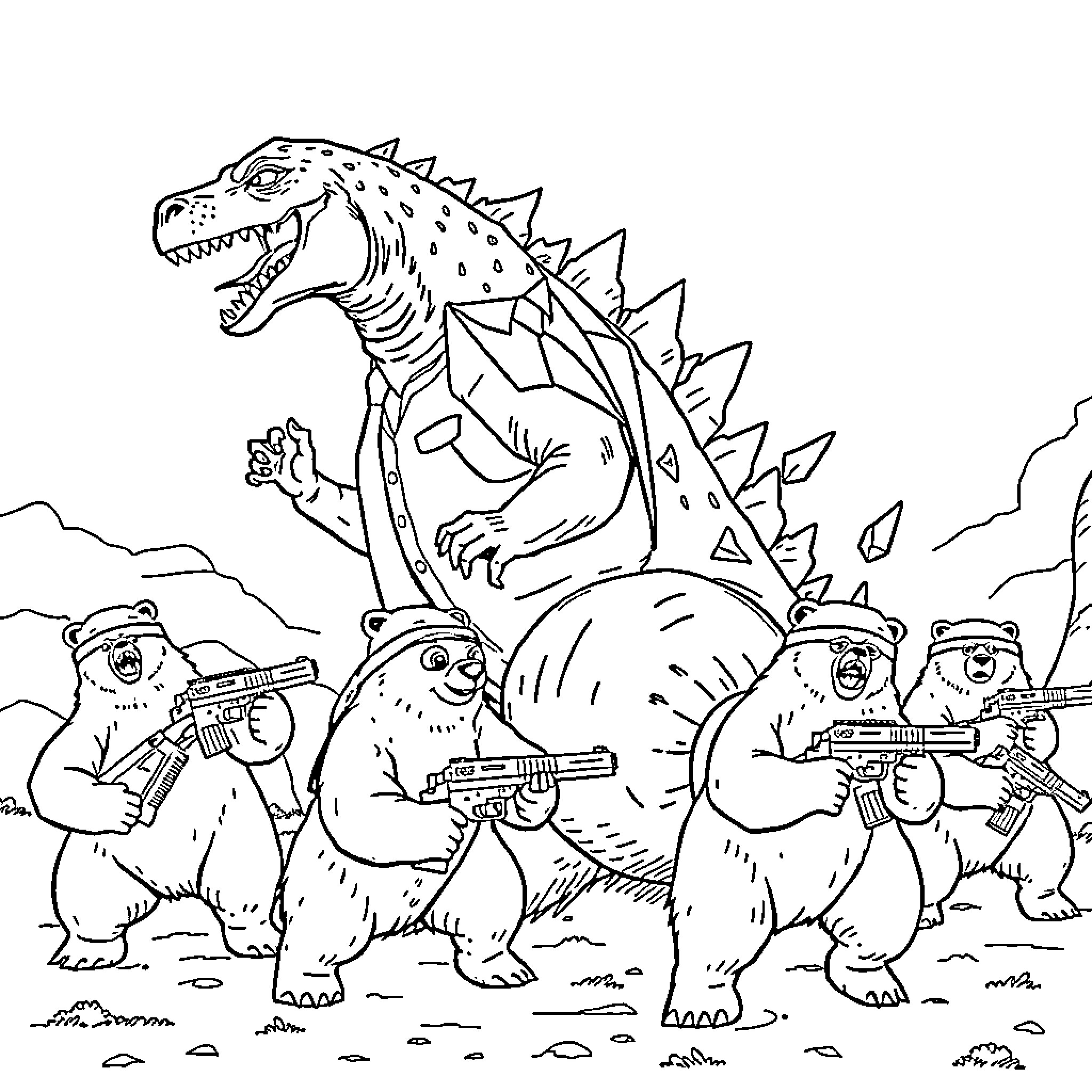 Godzilla battles heroic bear soldiers in epic scene Coloring Page (free black-and-white line drawing printable PDF for all, from beginners to advanced learners, including children, teens, adults, and seniors)