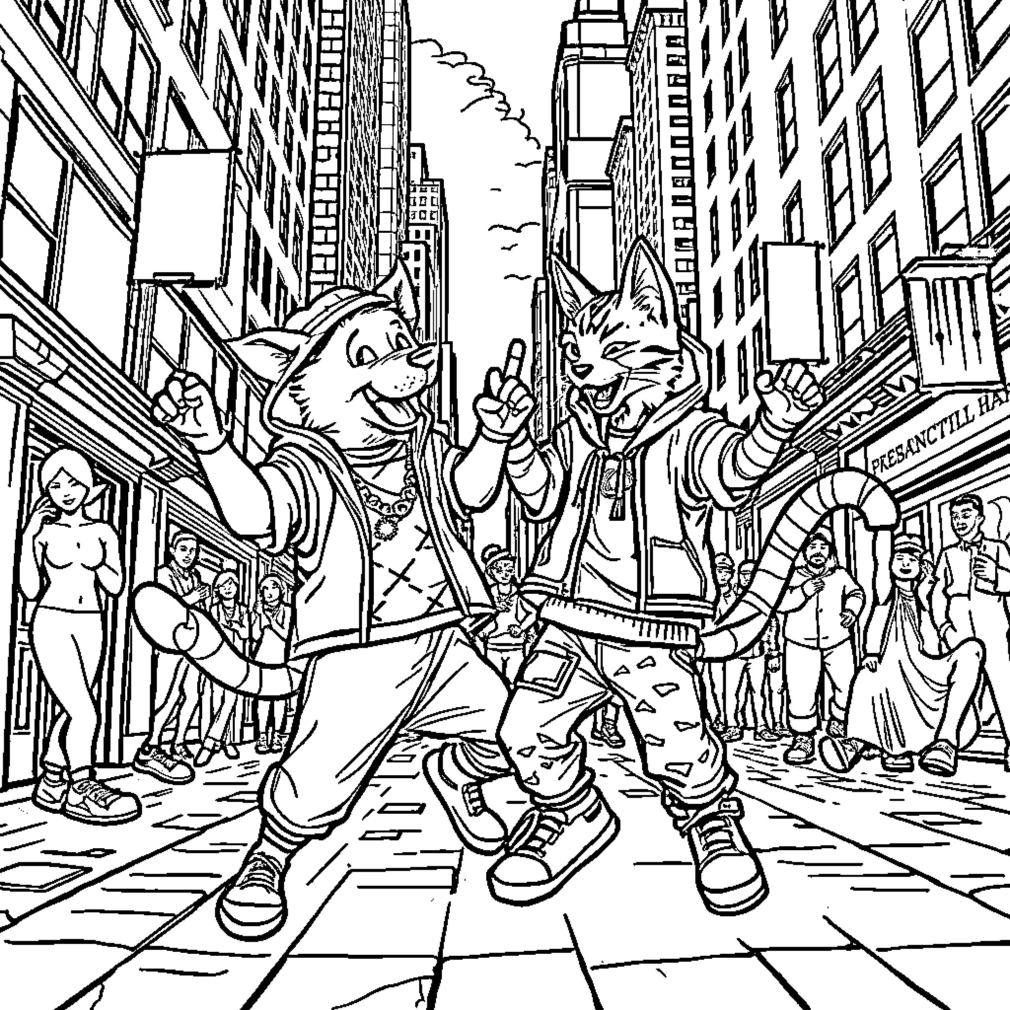 Dog celebrating in a lively city street Coloring Page (free black-and-white line drawing printable PDF for all, from beginners to advanced learners, including children, teens, adults, and seniors)