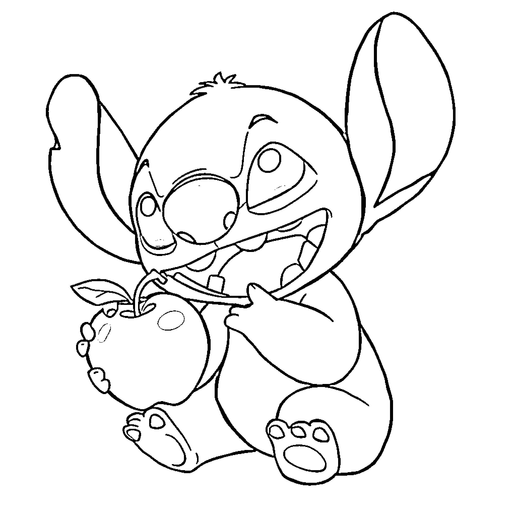Stitch holding an apple in excitement Coloring Page (free black-and-white line drawing printable PDF for all, from beginners to advanced learners, including children, teens, adults, and seniors)